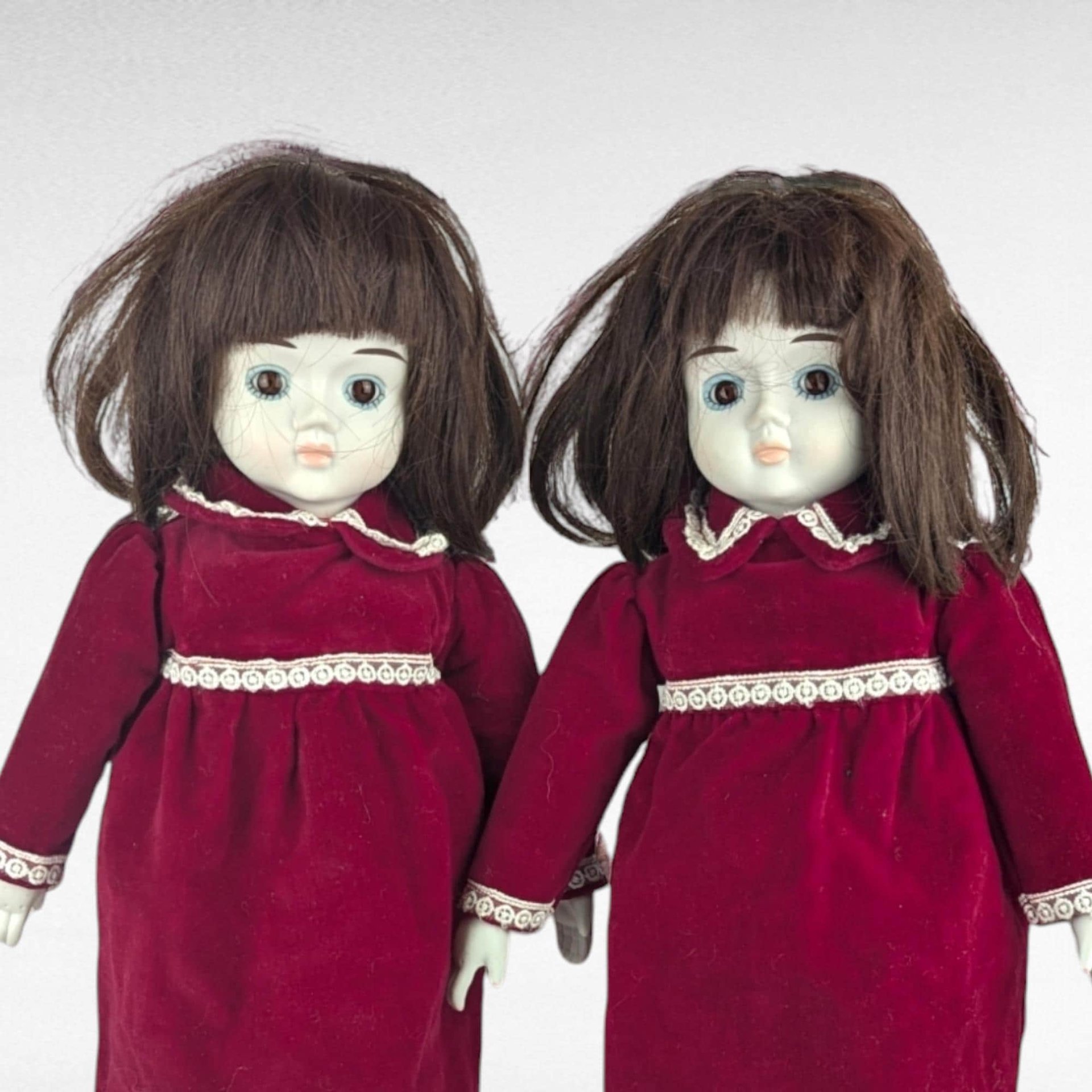 Vintage Commonwealth Happyland Porcelain Doll Pair, 15-16 Inch Victorian Style Dolls, Red Velvet Dresses, Collectible Dolls, Doll Collector