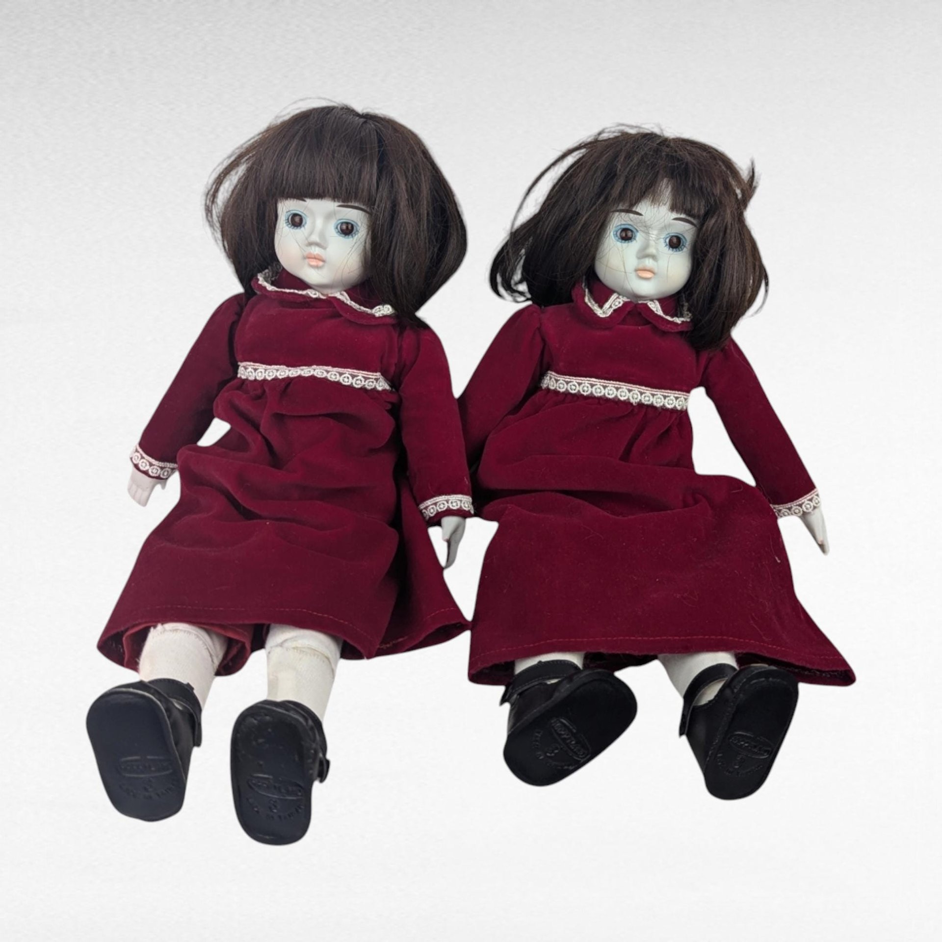 Vintage Commonwealth Happyland Porcelain Doll Pair, 15-16 Inch Victorian Style Dolls, Red Velvet Dresses, Collectible Dolls, Doll Collector