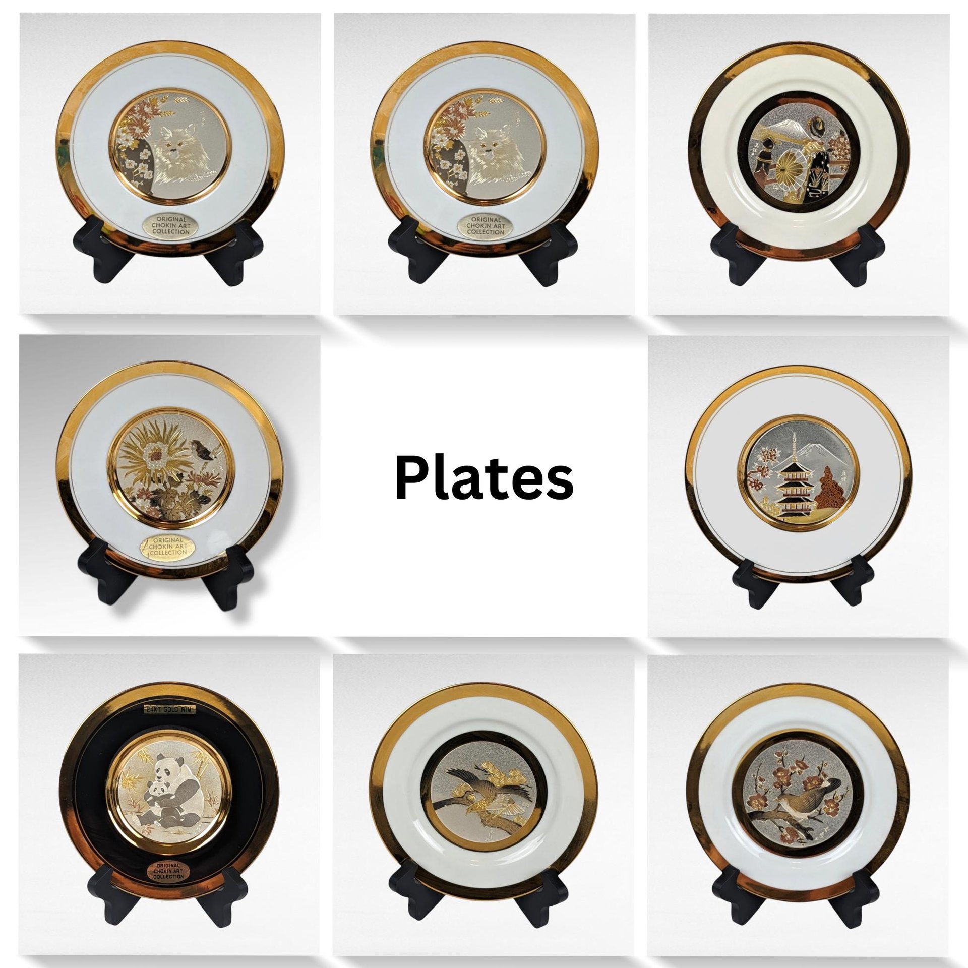 Vintage Chokin & Asian Art Plates, Lot of 8, Gold Trim, Birds, Animals