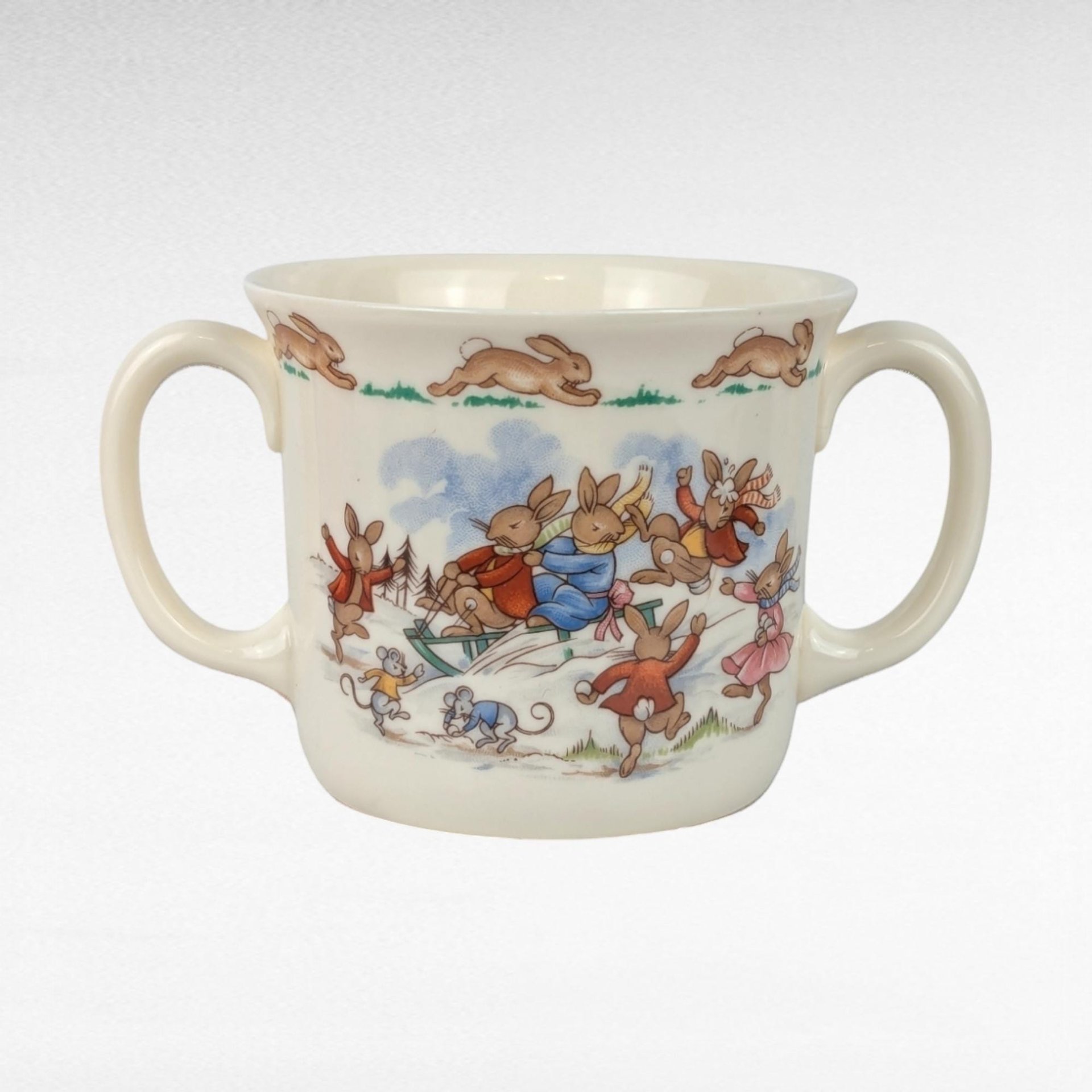 Vintage Royal Doulton Bunnykins Sledding Two Handled Mug, Children's Gift, Collectible Bunnykins Mug, Christening Gift, Nursery Decor