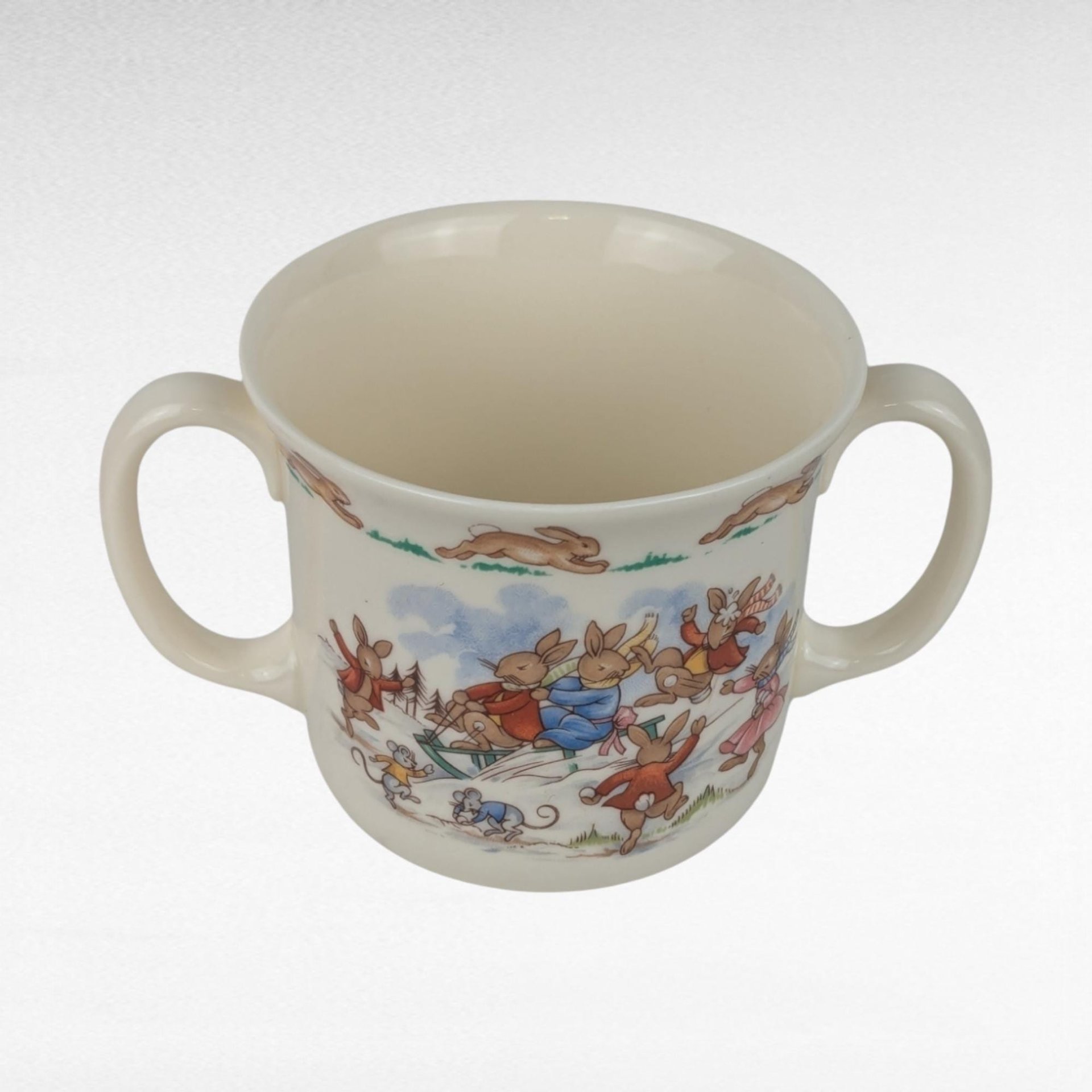 Vintage Royal Doulton Bunnykins Sledding Two Handled Mug, Children's Gift, Collectible Bunnykins Mug, Christening Gift, Nursery Decor