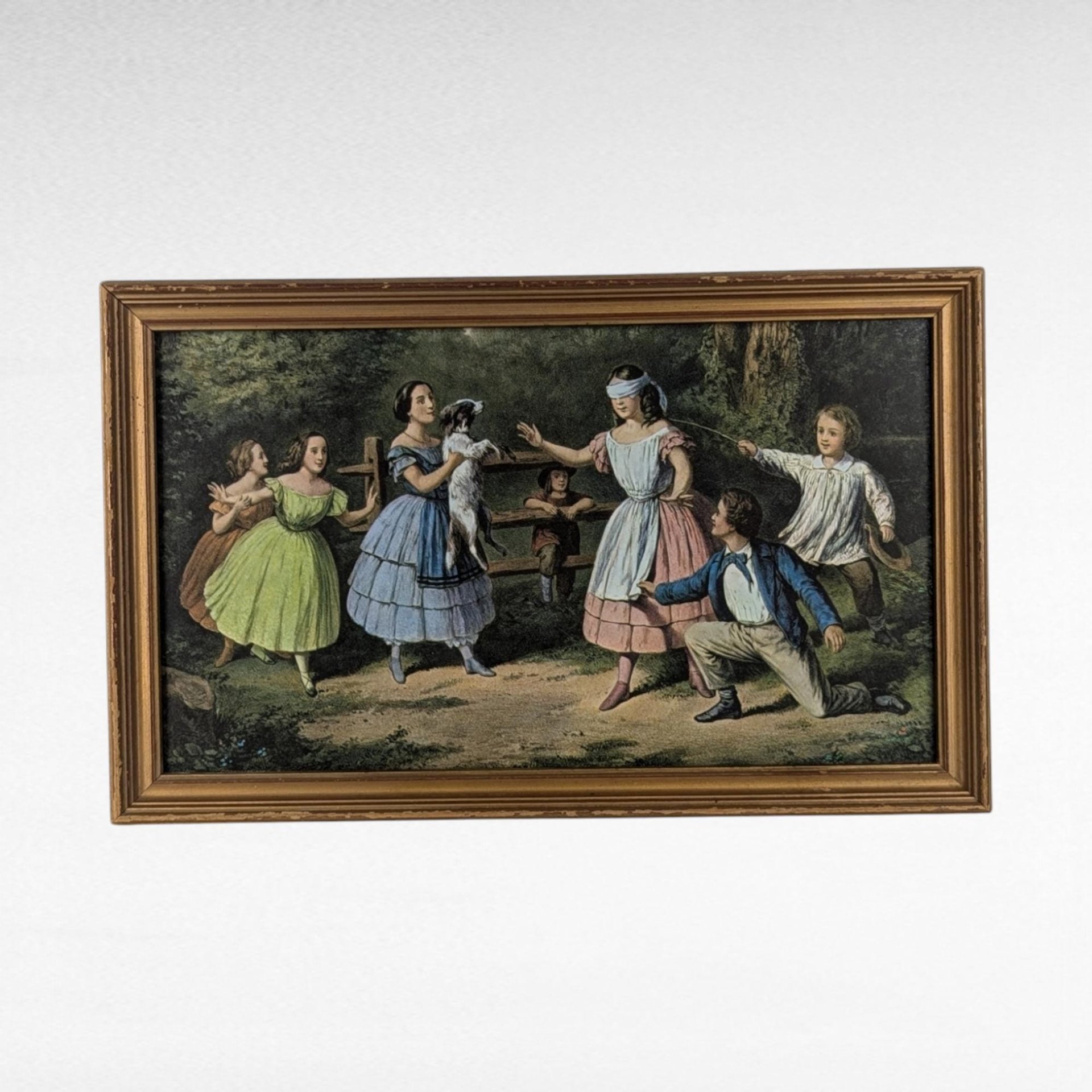 Vintage Framed Blind Man's Bluff Currier and Ives Print, 19th Century Art, American History, Game Room Decor, Gift for Collector