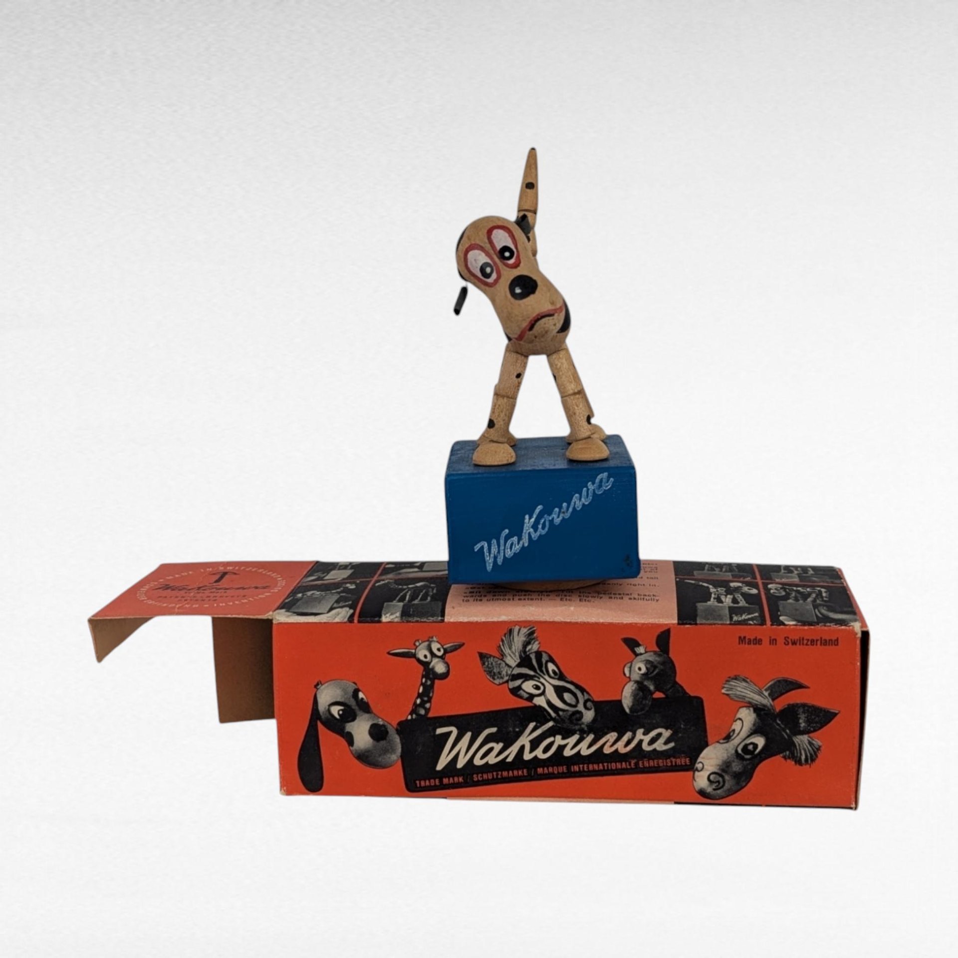 Vintage Wakouwa Wood Dog Push Toy, 5.5" Tall, Original Box, Collectible Wooden Toy, Retro Toy, Gift for Child, Nostalgic Decor