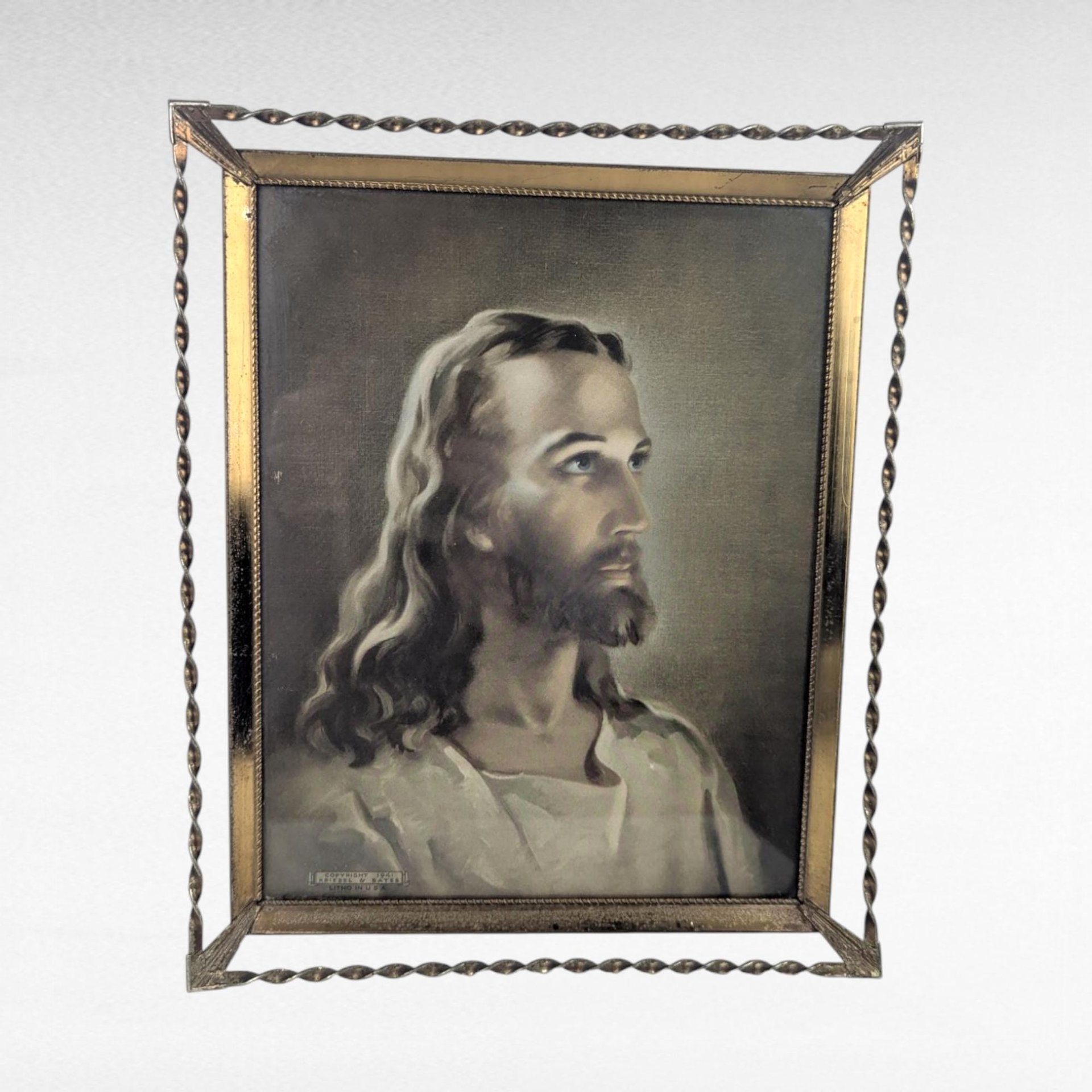 Vintage Head of Christ Kriebel and Bates in Metal Frame.