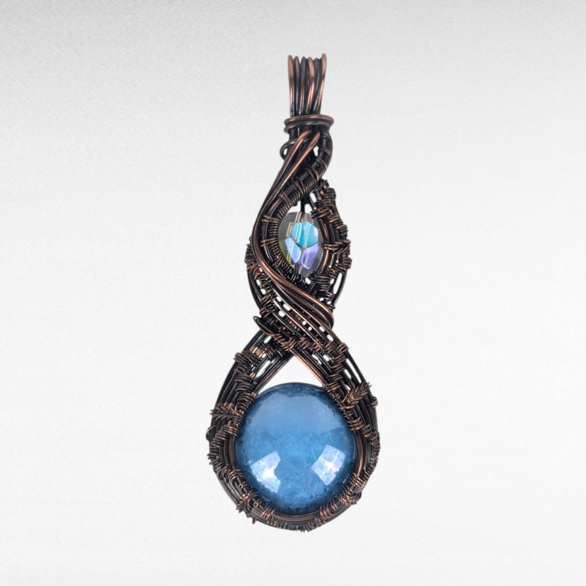 Artisan Copper Wire Wrapped Pendant, Czech Glass Cabochon, Unique Jewelry Gift