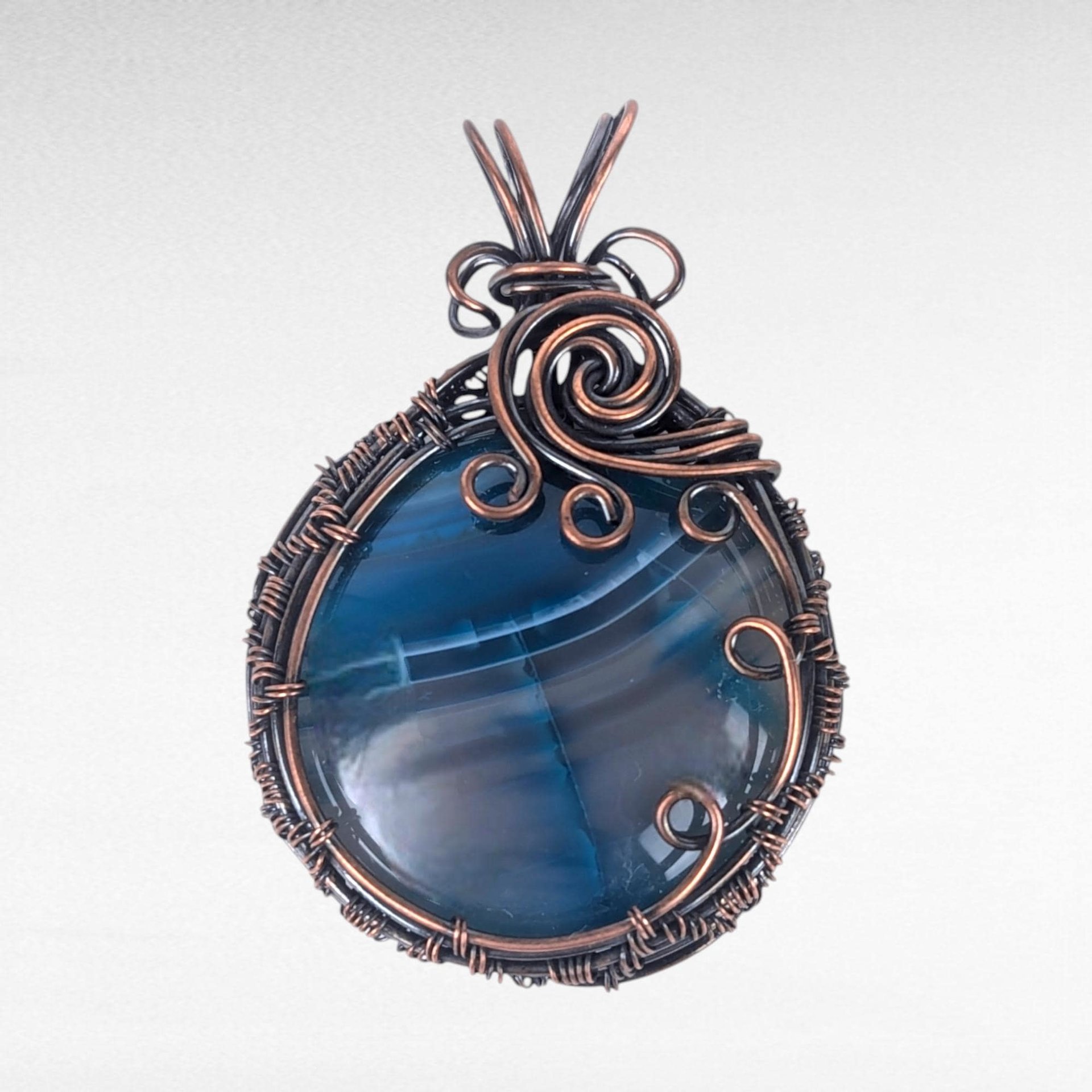 Handmade Copper Wire Wrapped Blue Striped Agate Pendant | Unique Gift | Rustic Elegance | Natural Beauty | Bohemian Style