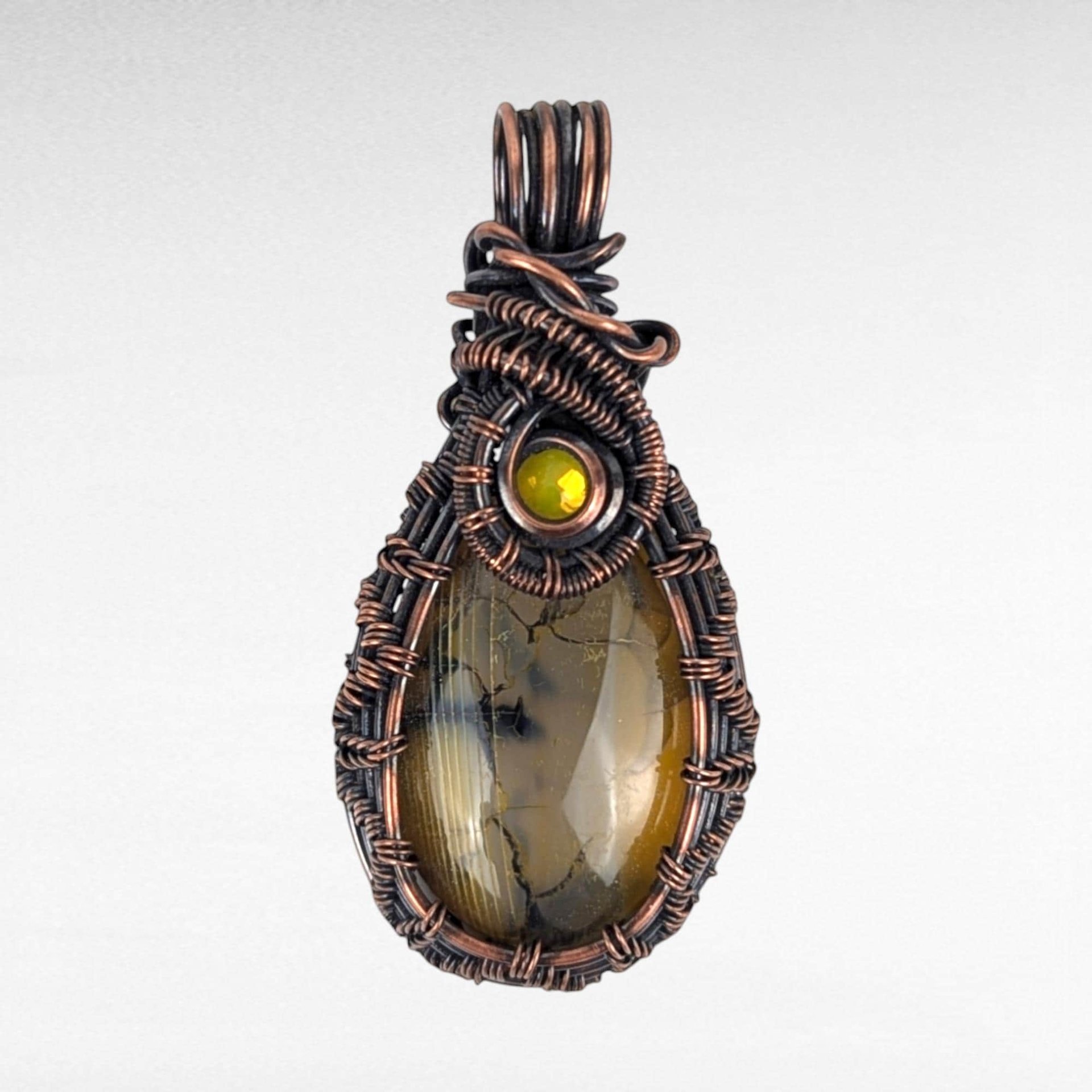 Handmade Copper Wire Wrapped Dragon Vein Agate Pendant | Yellow Accent | Unique Gift | Oxidized Copper | Gemstone Pendant