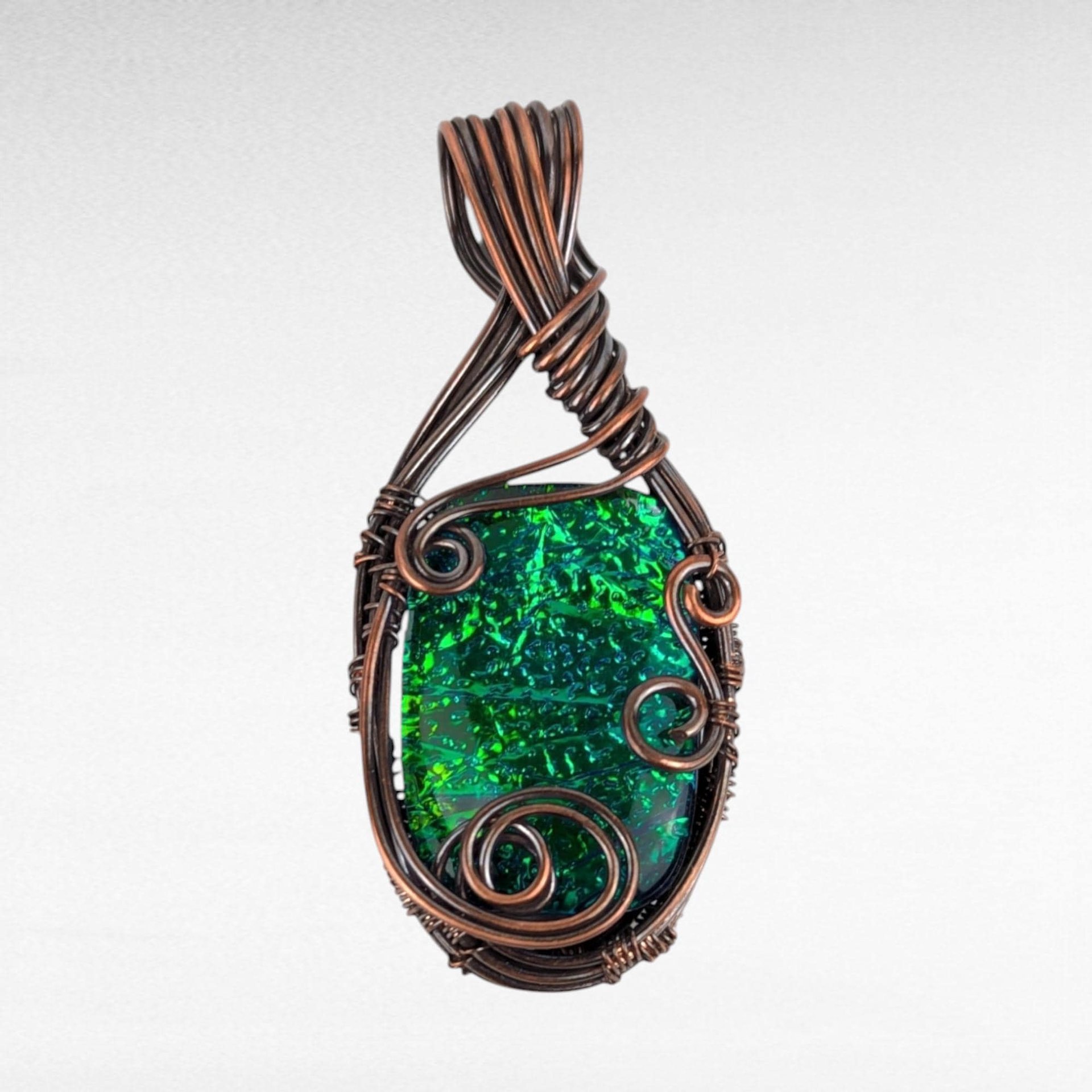 Handmade Copper Wire Wrapped Immitation Opal Glass Pendant, One-of-a-Kind Artisan Jewelry, Antiqued & Polished, Boho Statement