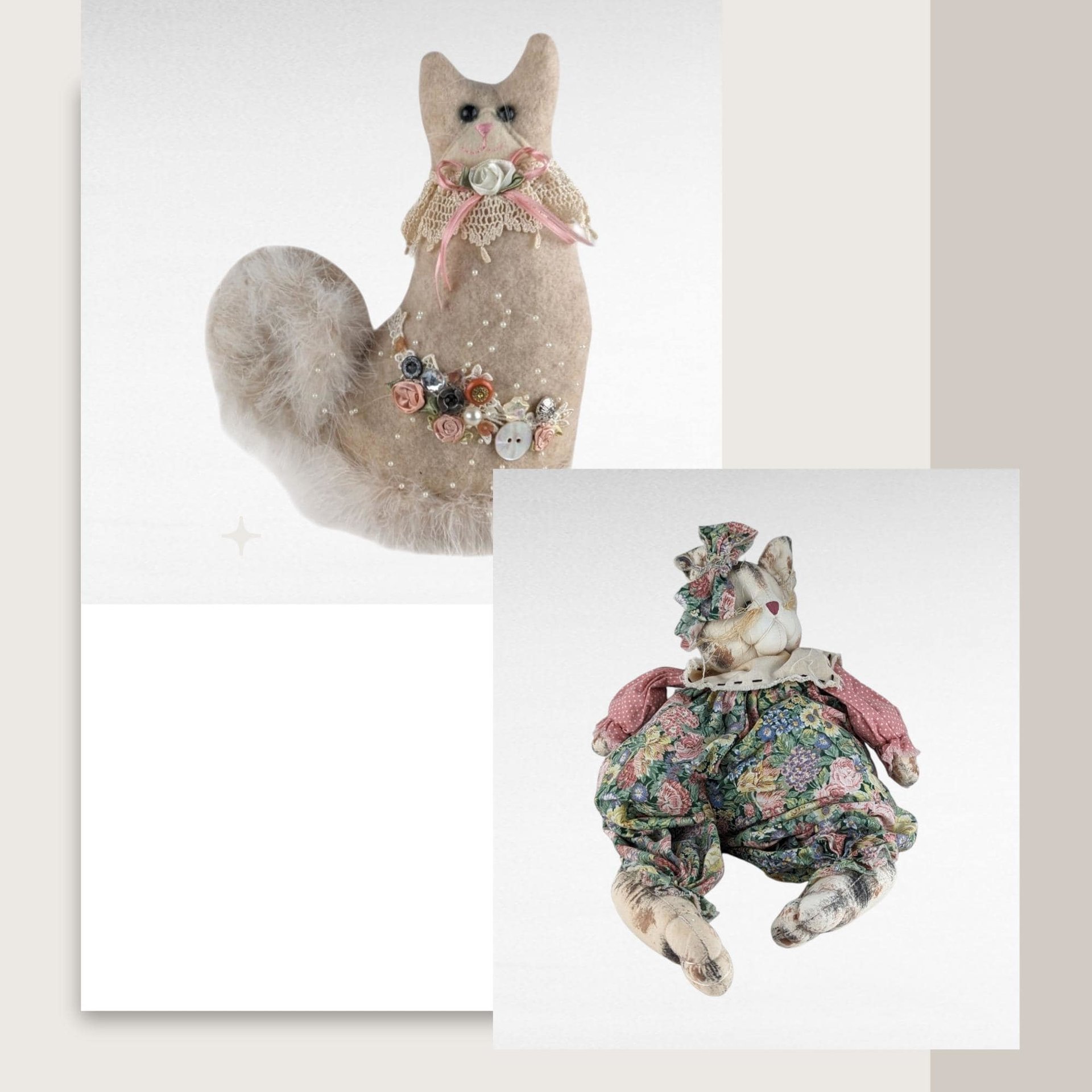 Vintage Plush Cat Pair, Handmade Cat Doll, Button Decor Cat, Collectible Cats, Gift for Cat Lovers, Vintage Plush Animals