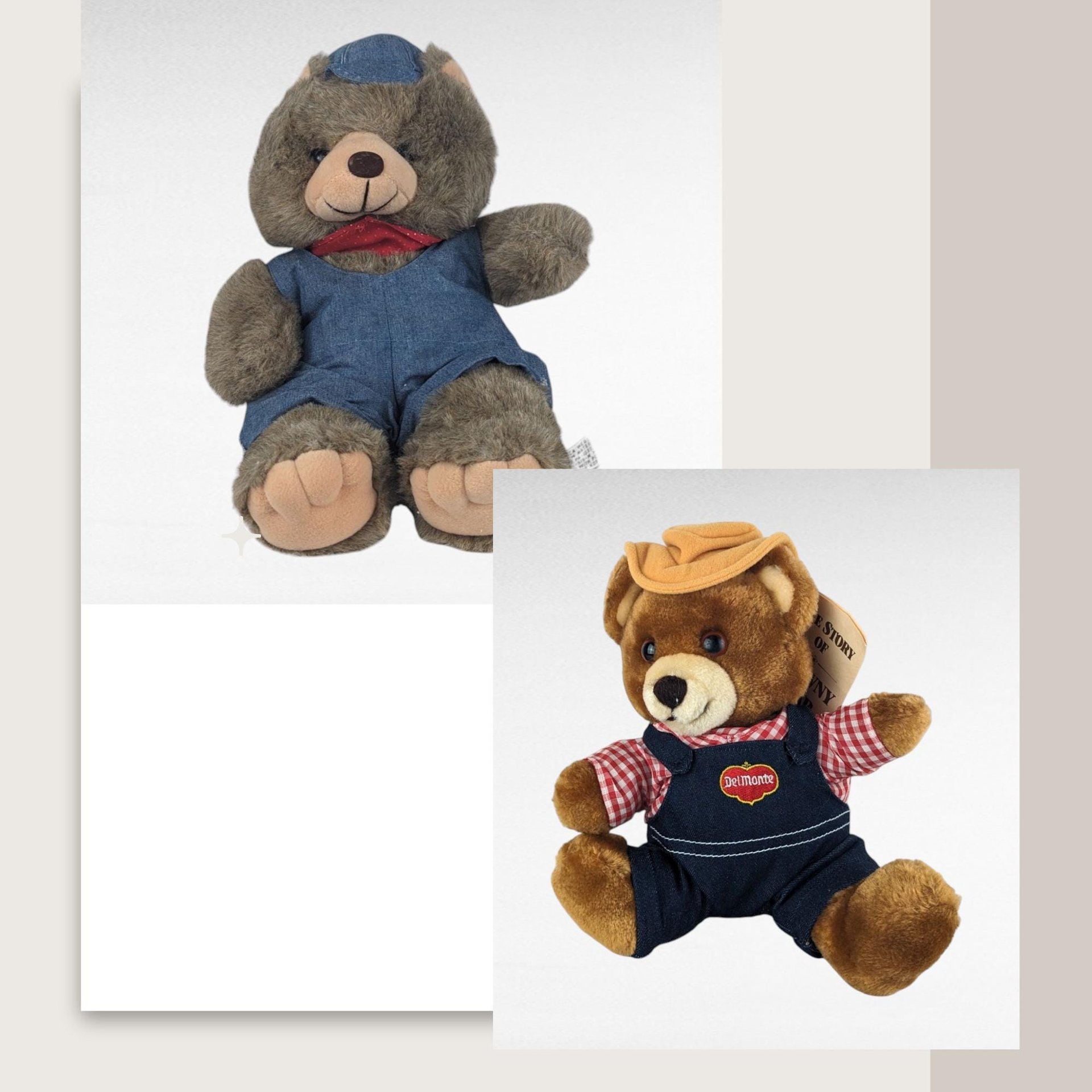 Vintage Teddy Bear Pair, America Wego Denim Bear, 1985 Dakin Del Monte Bear, Collectible Plush Toys, Gift for Kids
