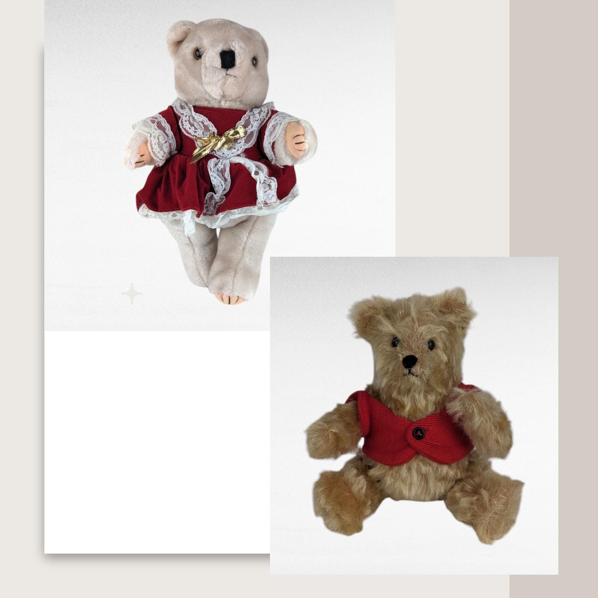 Vintage Teddy Bear Pair, 12" Dressed Bear, 8" Jointed Vest Bear, Collectible Plush Toys, Gift for Kids, Vintage Toy Decor, Display Bears