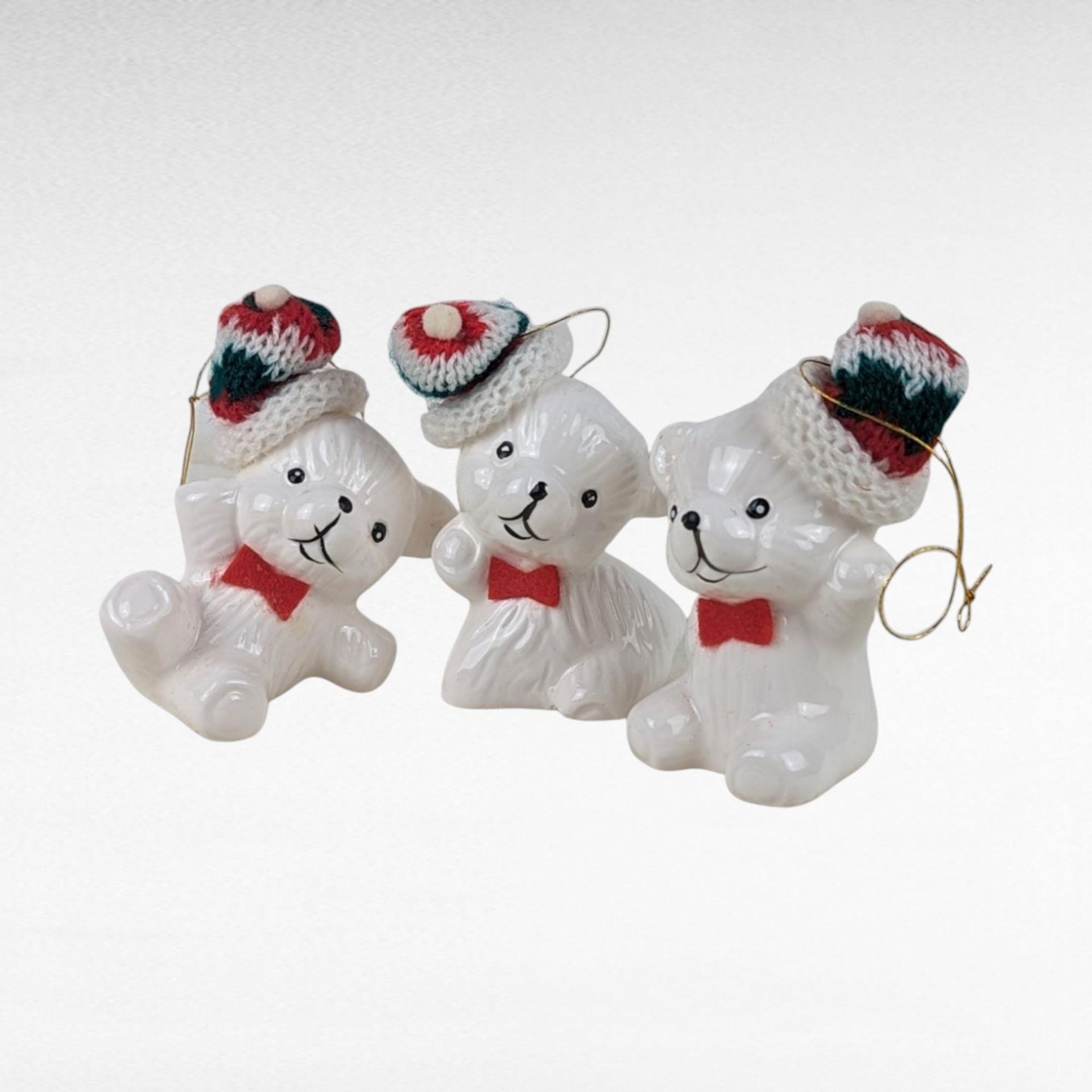 Vintage Christmas Bear Ornament Set & Teddy Bear Trinket Box, Ceramic Holiday Decor, Collectible Bear Figurines