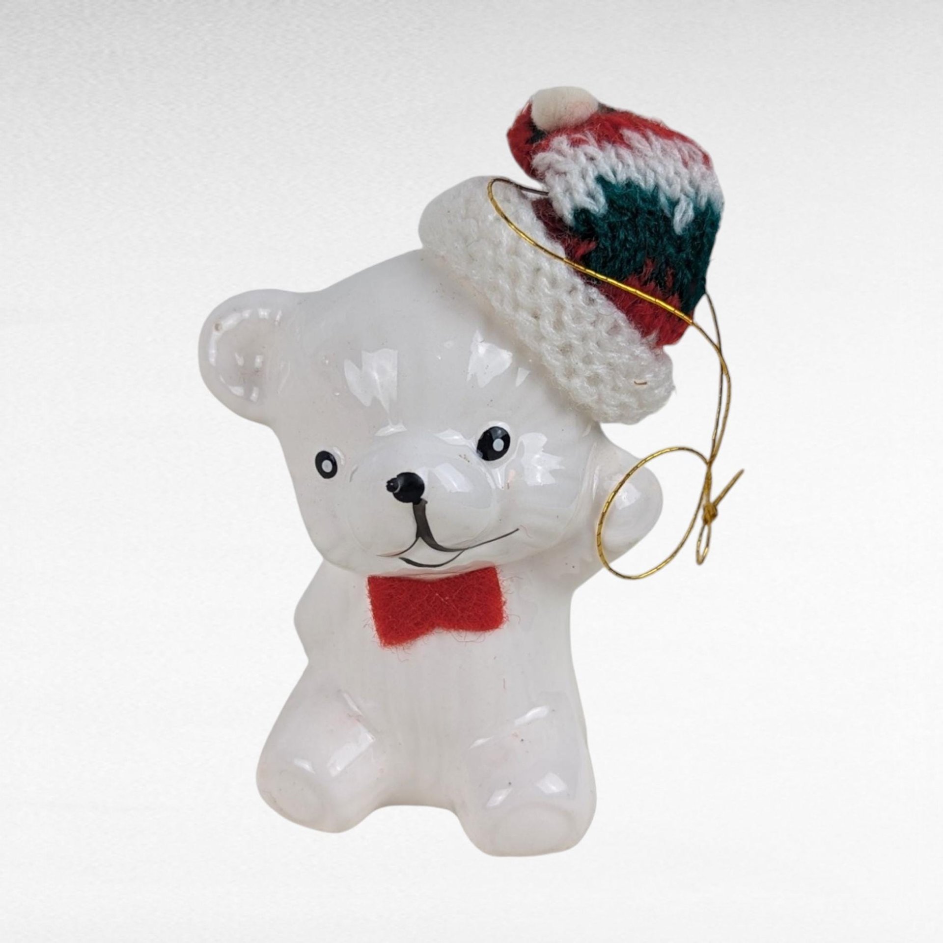 Vintage Christmas Bear Ornament Set & Teddy Bear Trinket Box, Ceramic Holiday Decor, Collectible Bear Figurines