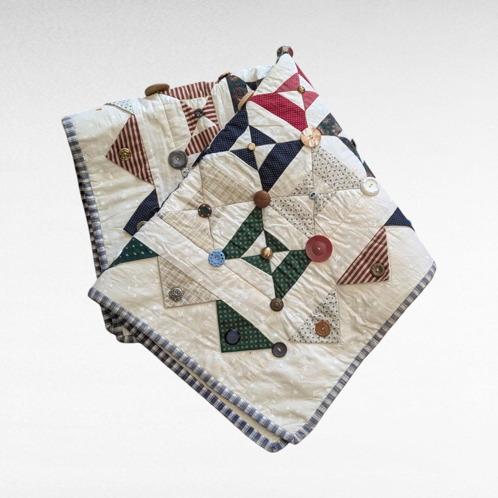 Handmade Patchwork Quilt with Button Accents, 32x28 Inch Lap Quilt, Vintage Style Throw Blanket, Gift for Baby, Child, or Quilt Lover