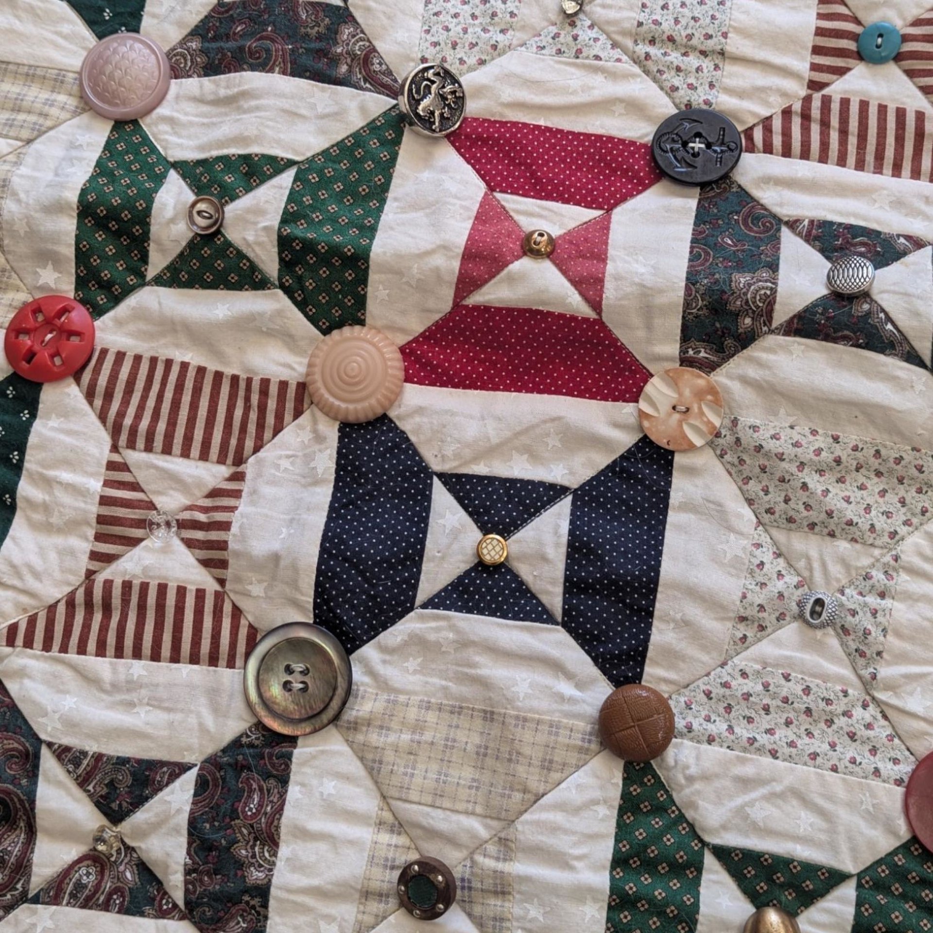 Handmade Patchwork Quilt with Button Accents, 32x28 Inch Lap Quilt, Vintage Style Throw Blanket, Gift for Baby, Child, or Quilt Lover