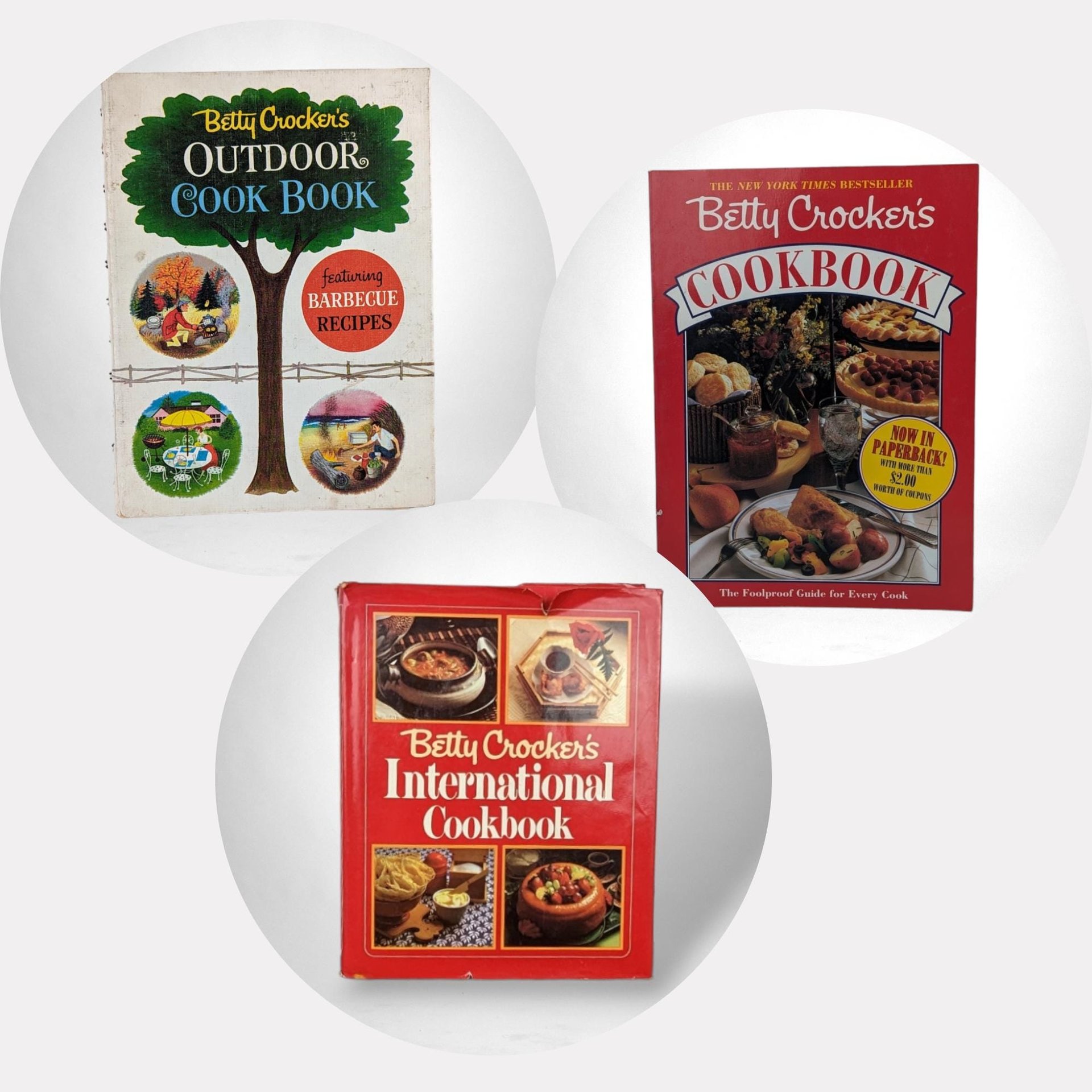 Vintage Betty Crocker Cookbook Trio, 1961 Outdoor, International, 1986 Cookbook, Collectible Cookbooks