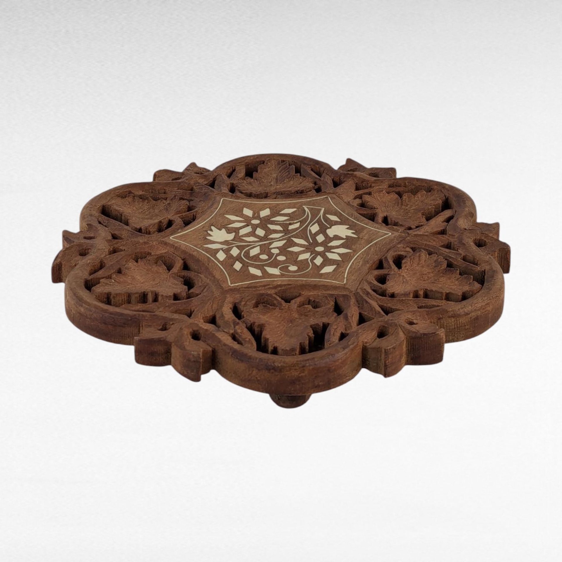 Vintage Indian Wooden Trivet, Carved Floral Design, 8 Inch, Handmade Kitchen Decor, Rustic Table Protector