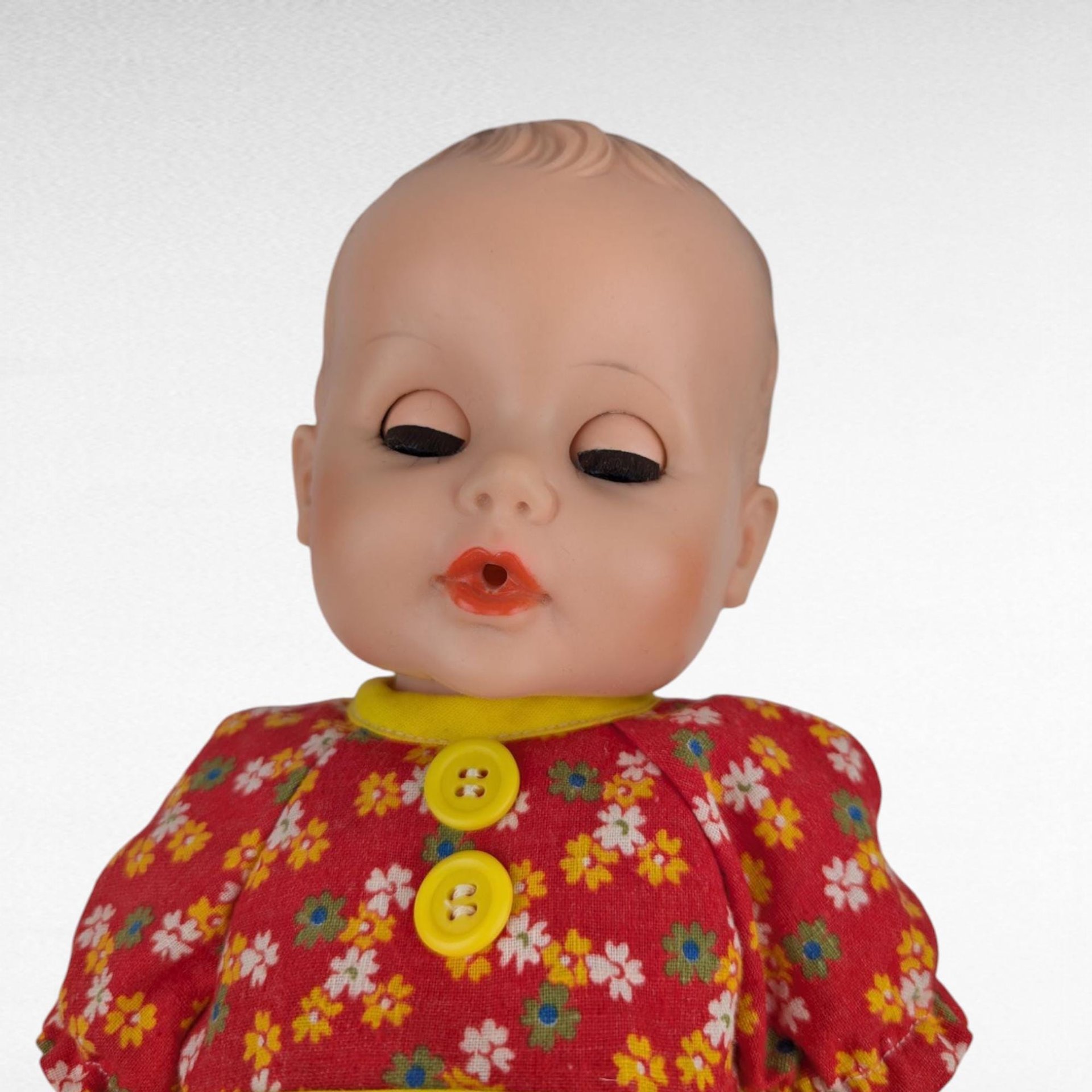 Vintage Eegee Baby Doll 14.5", Red Floral Dress, Moving Arms & Legs, Open and Close Eyes, Collectible Doll, Play Doll