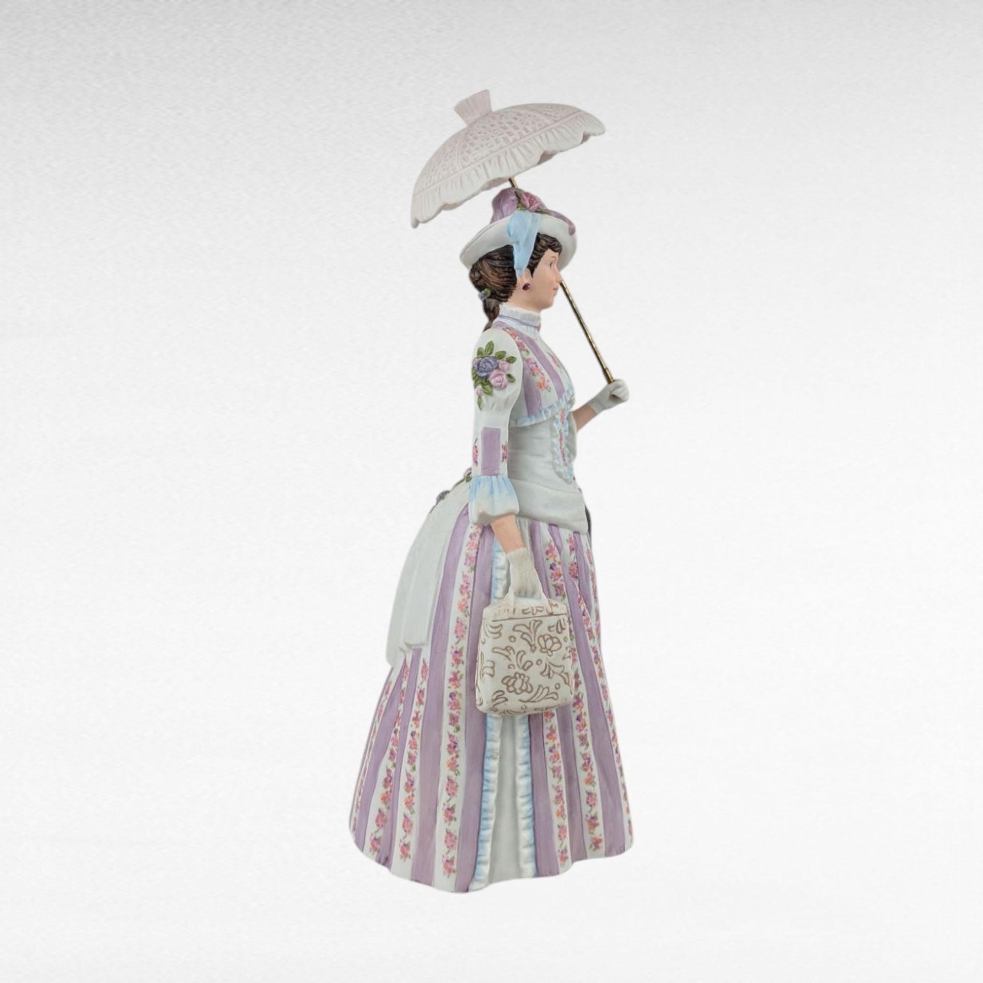 1988 Avon Mrs. Albee Award Figurine, Purple Dress, Parasol, Mailbox, Vintage Avon Collectible, Decorative Figurine, 11" Tall