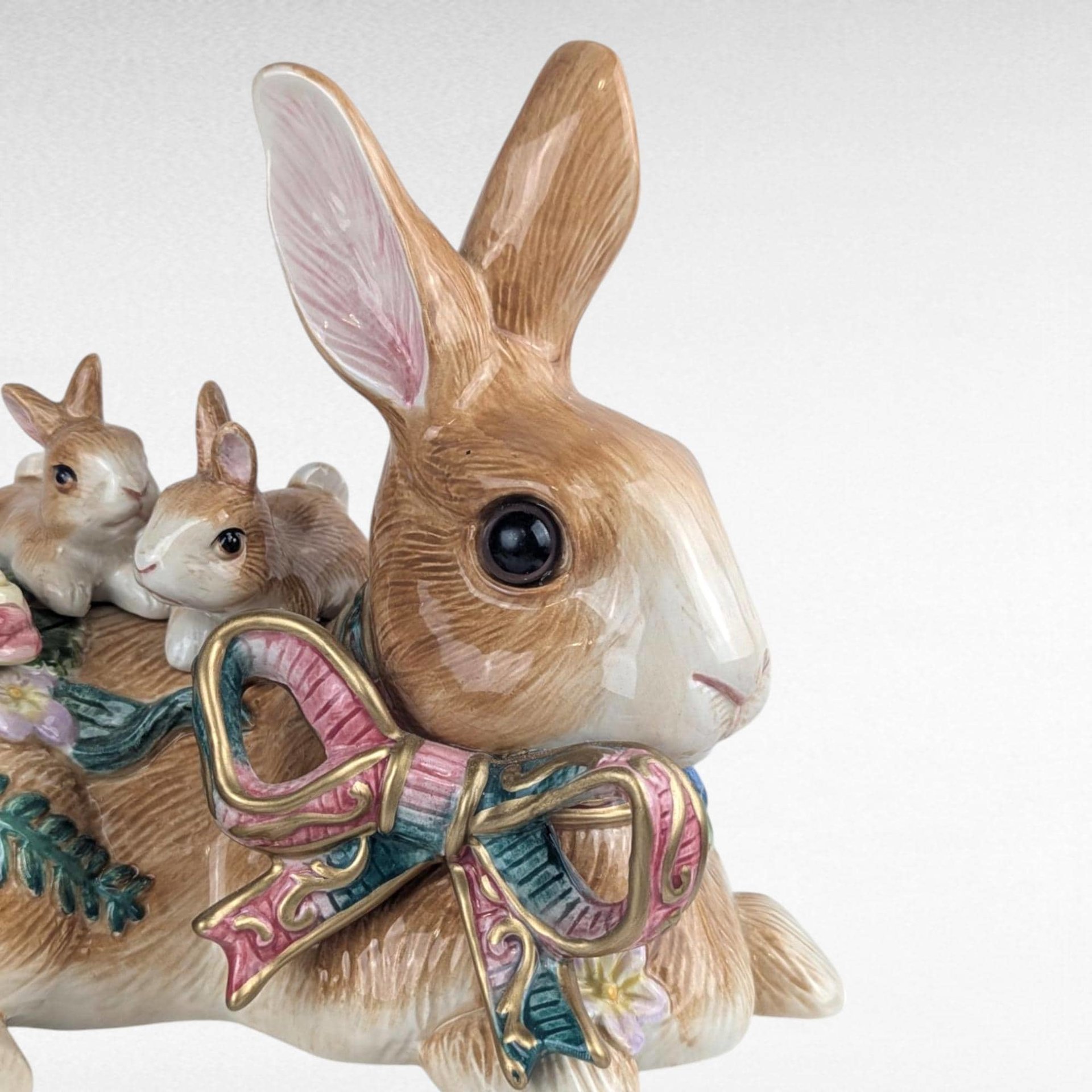 Vintage Fitz and Floyd Woodland Spring Rabbit Figure, 6.5" Height, Ceramic Bunny with Babies, Easter Decor, Gift for Collector