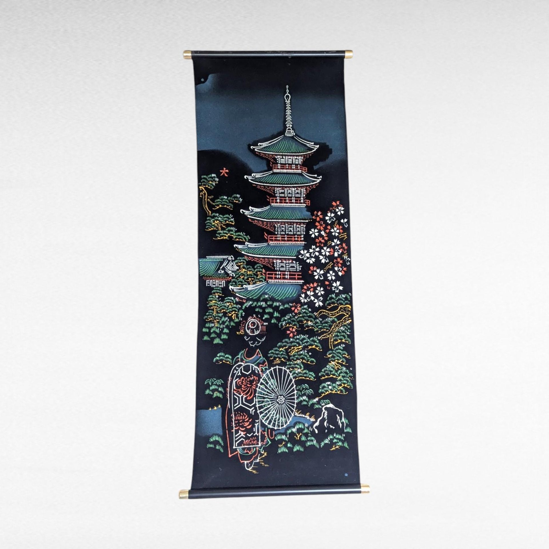Vintage Oriental Pagoda Scroll, Hand-Painted on Velvet, Japanese Art Wall Hanging, Gift for Asian Decor Lovers, Temple Art