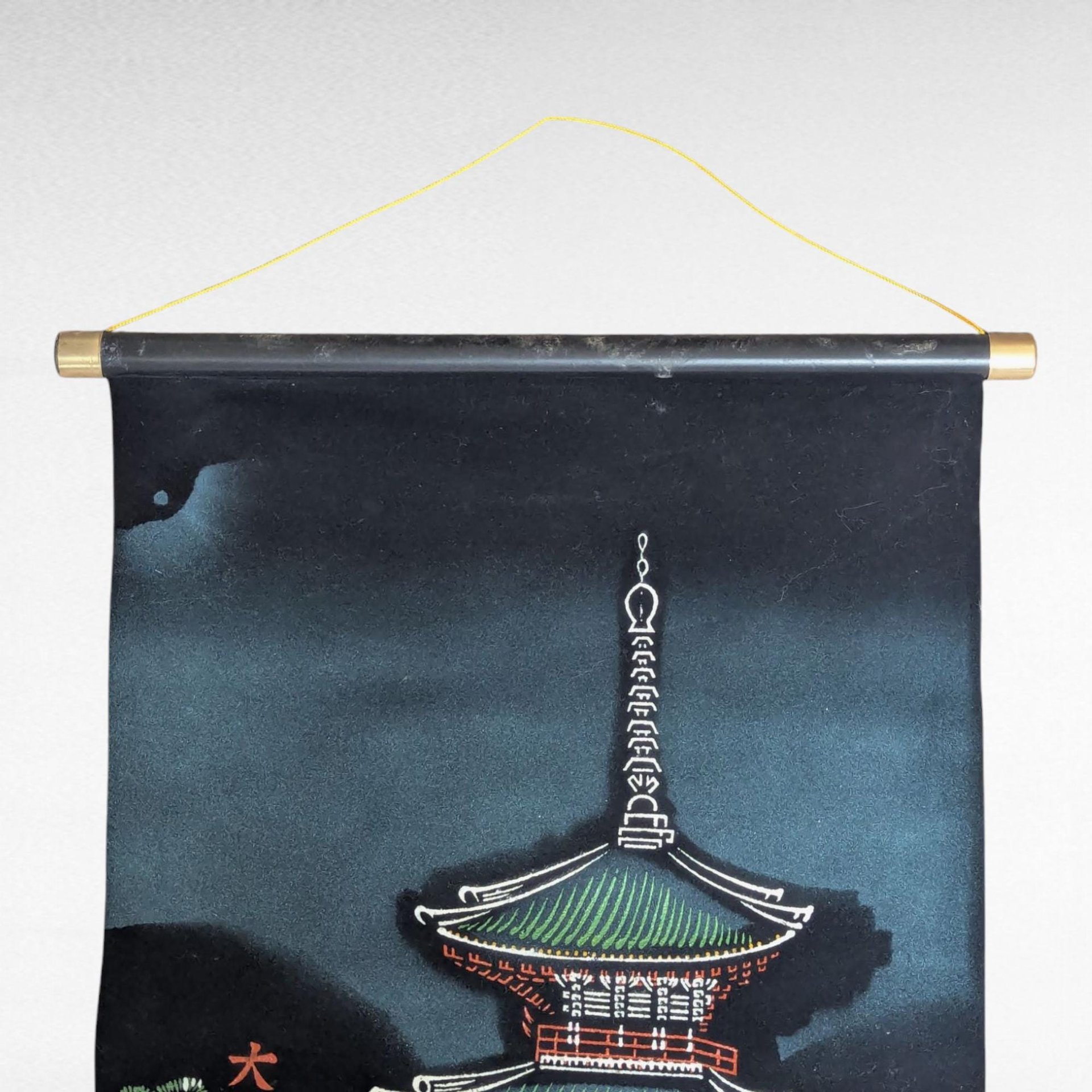 Vintage Oriental Pagoda Scroll, Hand-Painted on Velvet, Japanese Art Wall Hanging, Gift for Asian Decor Lovers, Temple Art