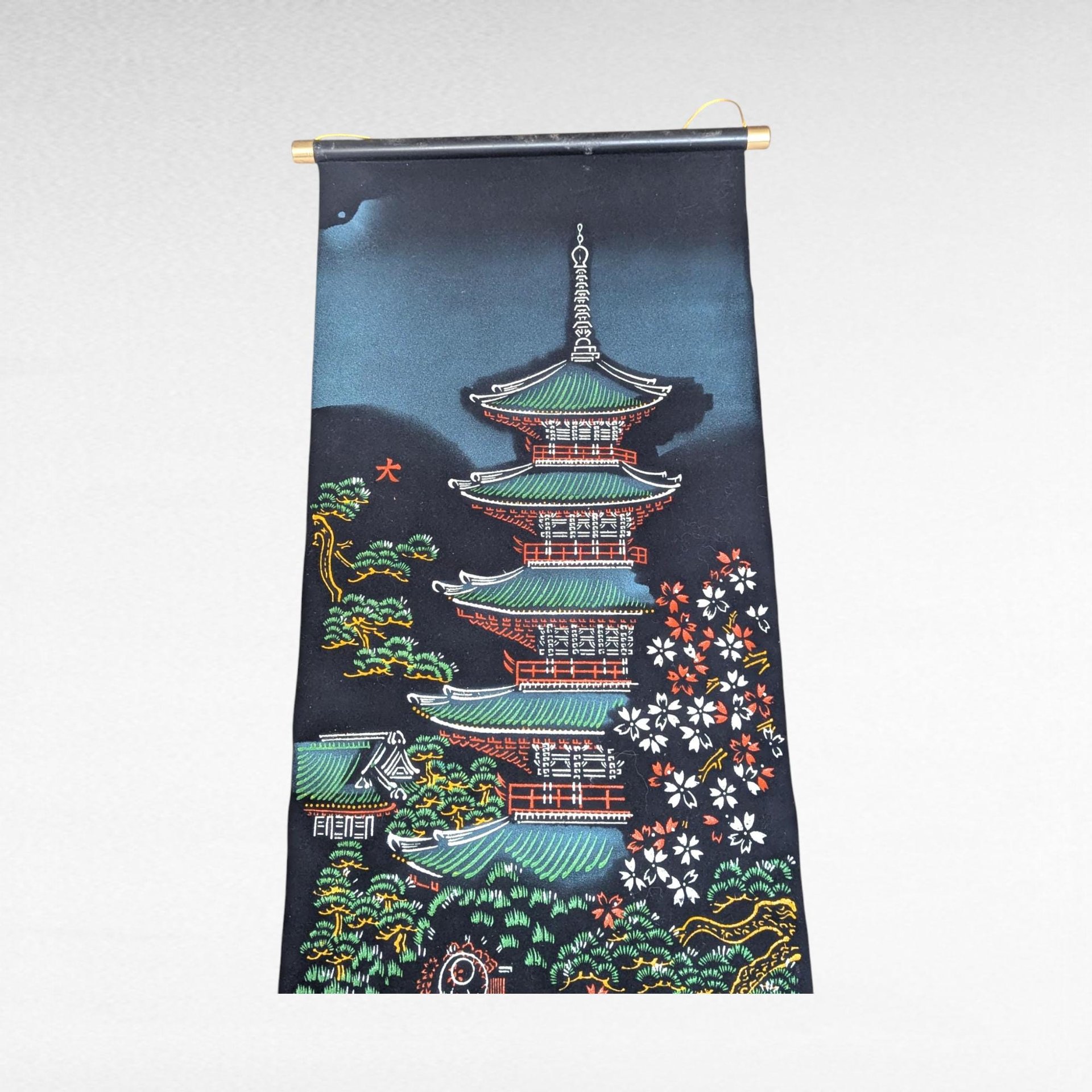 Vintage Oriental Pagoda Scroll, Hand-Painted on Velvet, Japanese Art Wall Hanging, Gift for Asian Decor Lovers, Temple Art