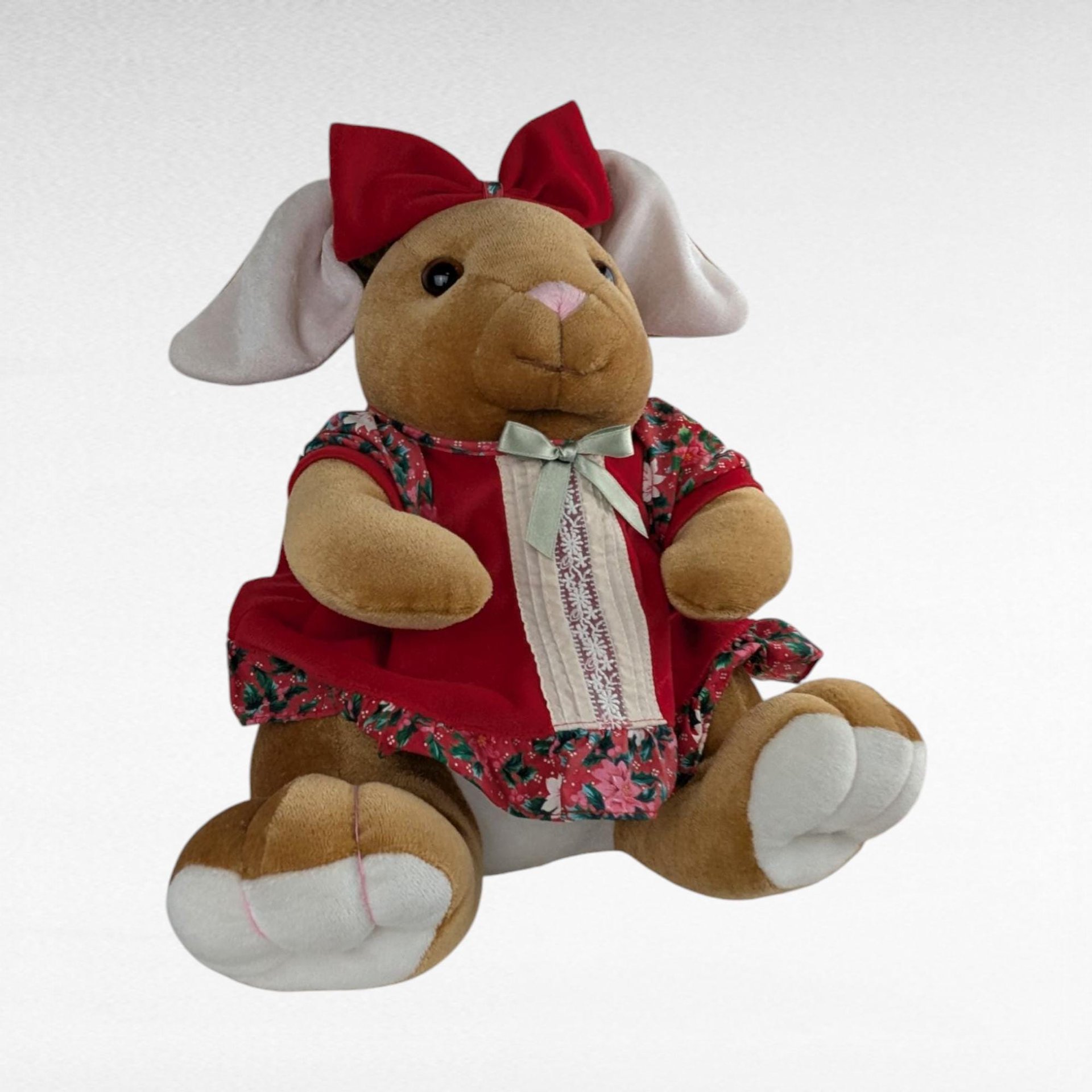 1985 Commonwealth Velveteen Rabbit Christmas Bunny Plush, Vintage Holiday Decor, Collectible Stuffed Animal, Gift for Rabbit Lovers