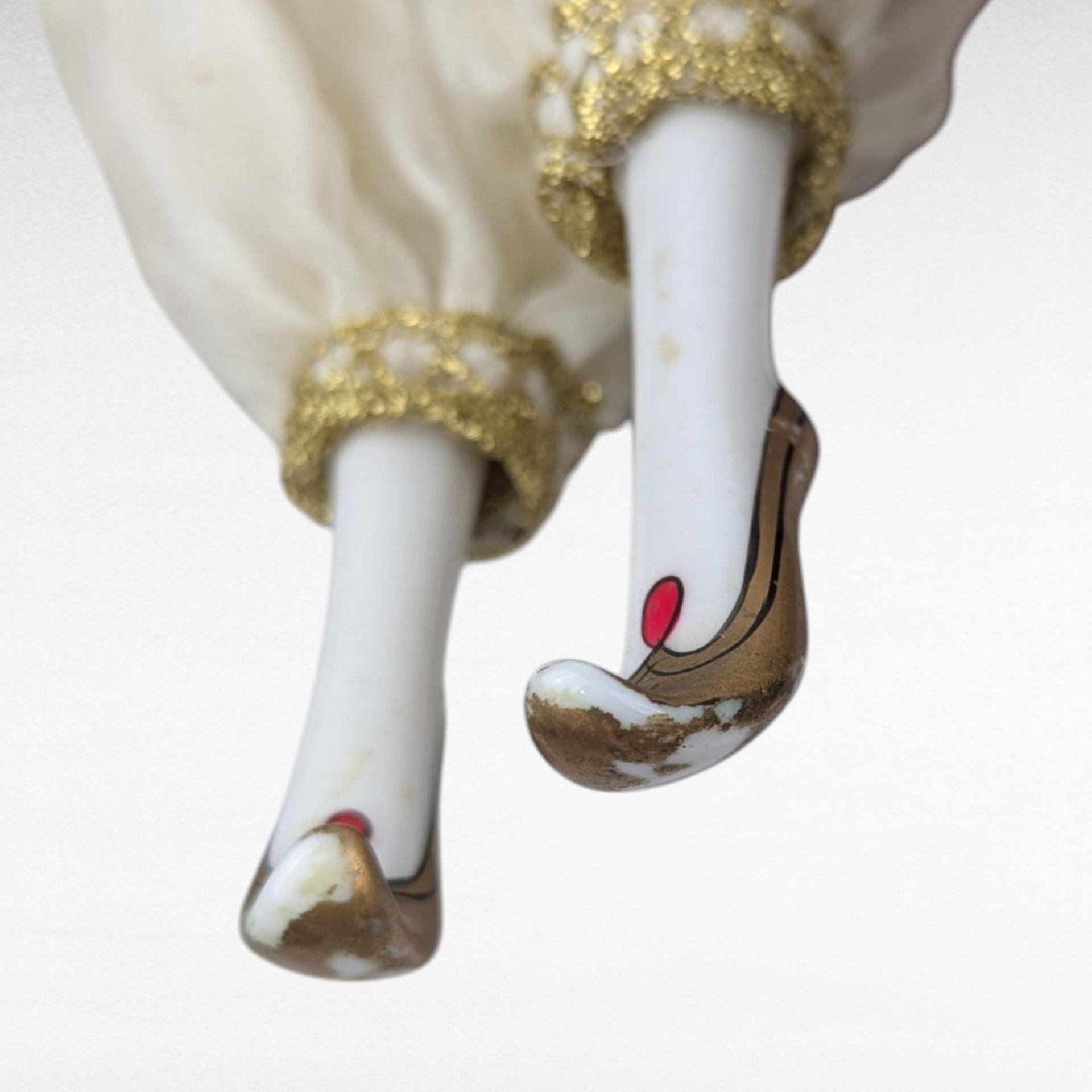 Vintage Cream and Gold Harlequin Doll, Porcelain Head and Limbs, 14 Inch Collectible Doll, Unique Gift for Doll Collectors