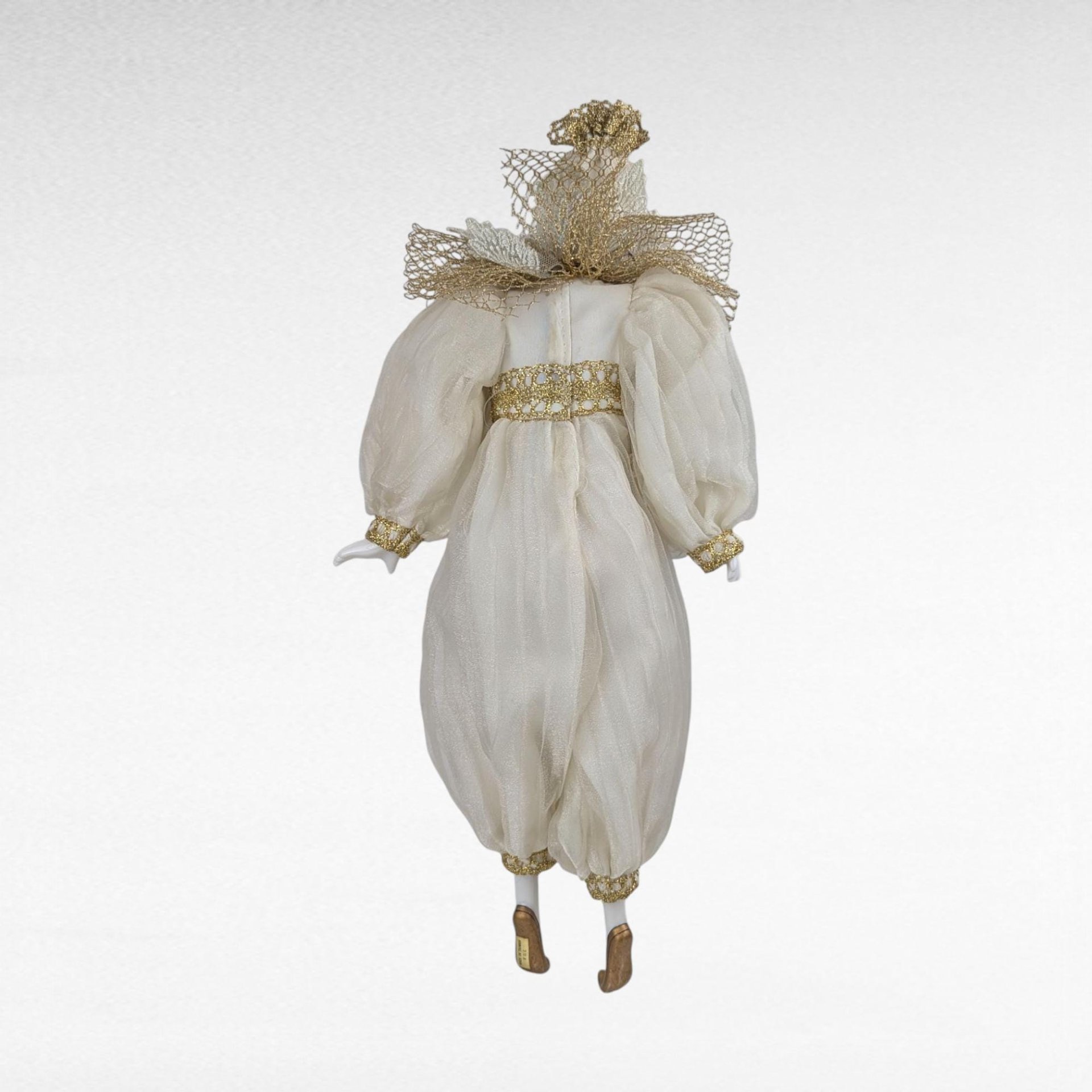 Vintage Cream and Gold Harlequin Doll, Porcelain Head and Limbs, 14 Inch Collectible Doll, Unique Gift for Doll Collectors
