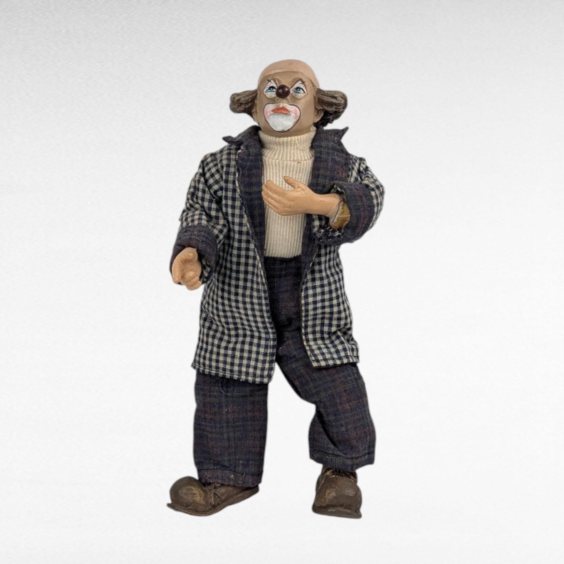 Vintage Posable Hobo Clown Doll, 10 Inch Plaid Jacket, Collectible Toy, Playful Decor, Nostalgic Gift