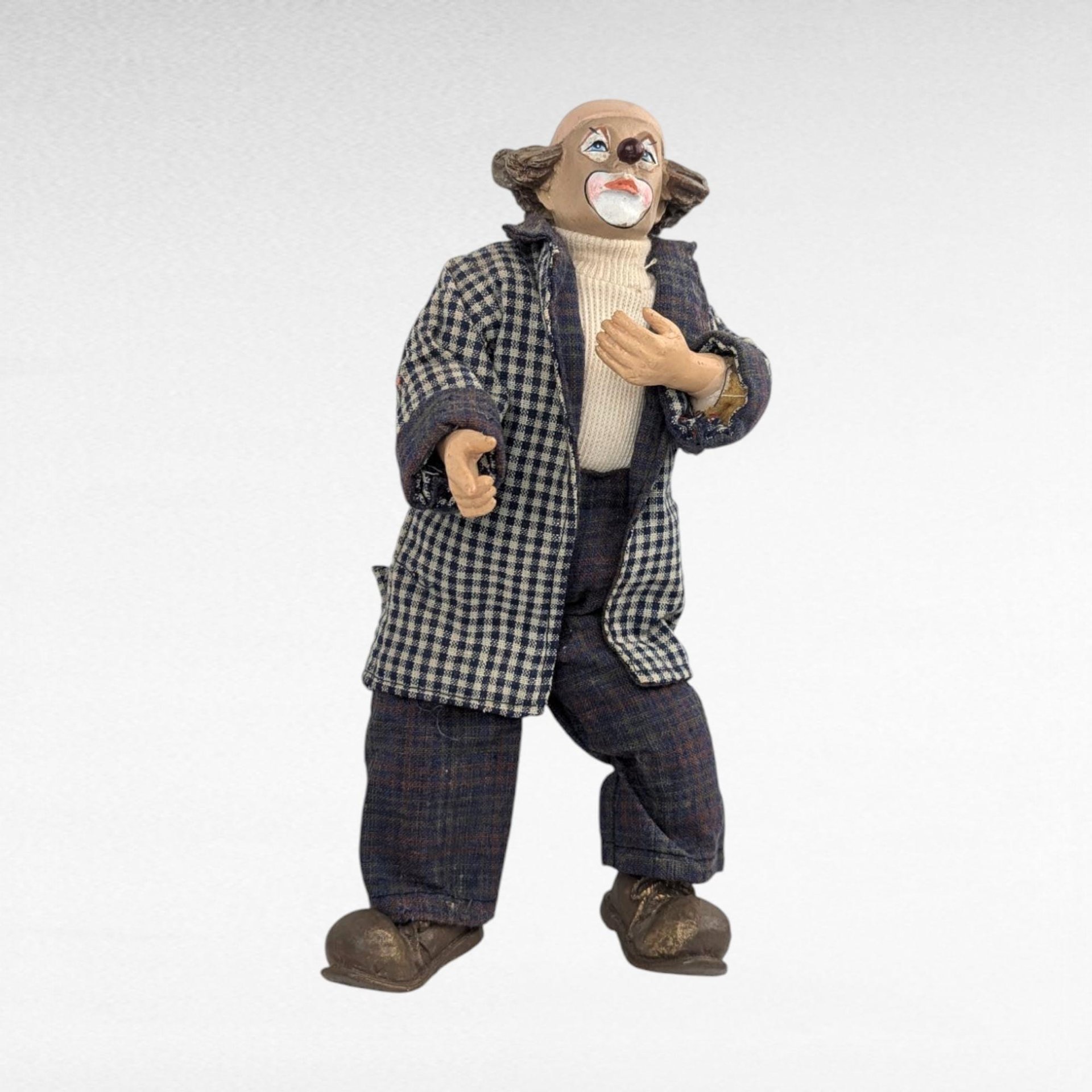 Vintage Posable Hobo Clown Doll, 10 Inch Plaid Jacket, Collectible Toy, Playful Decor, Nostalgic Gift