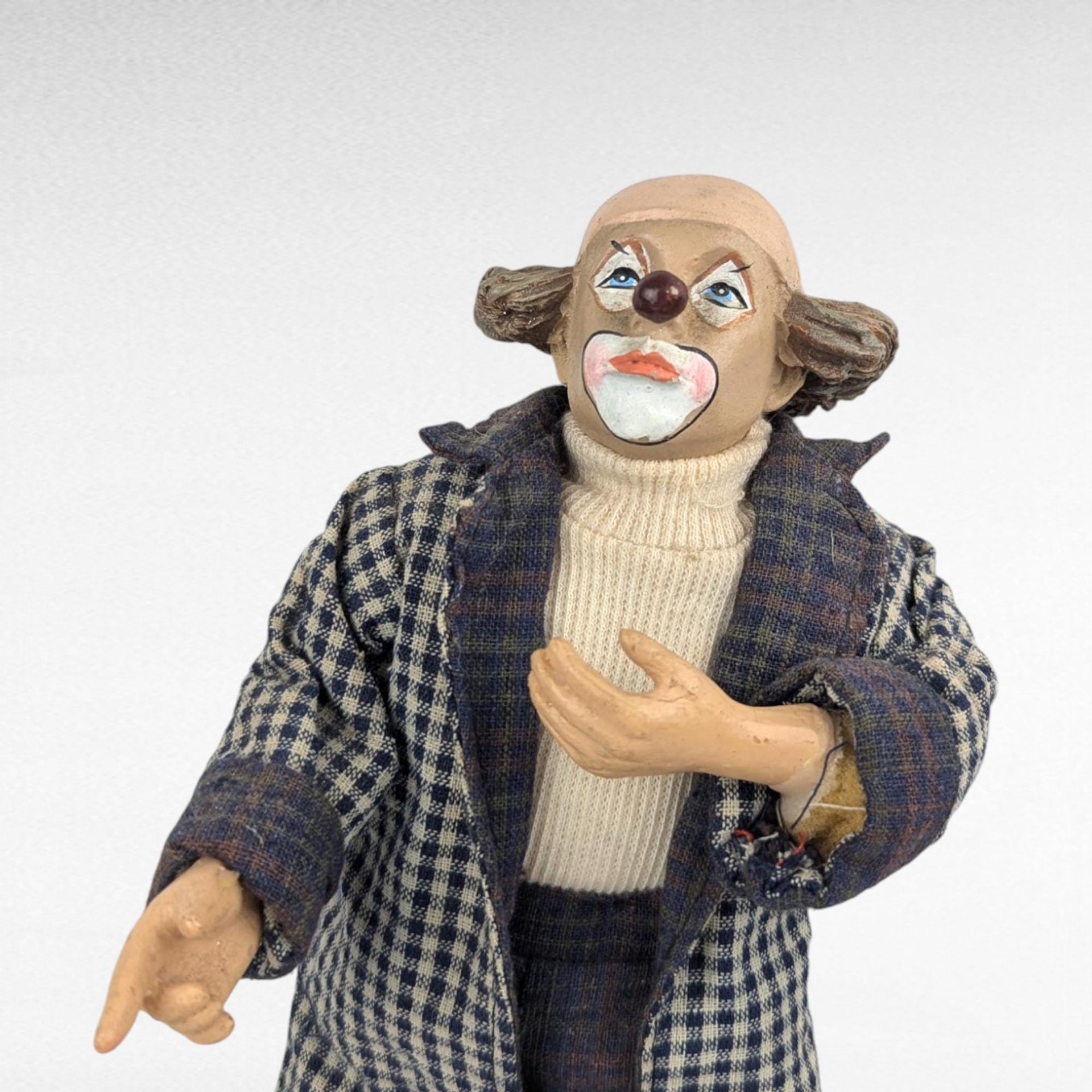 Vintage Posable Hobo Clown Doll, 10 Inch Plaid Jacket, Collectible Toy, Playful Decor, Nostalgic Gift