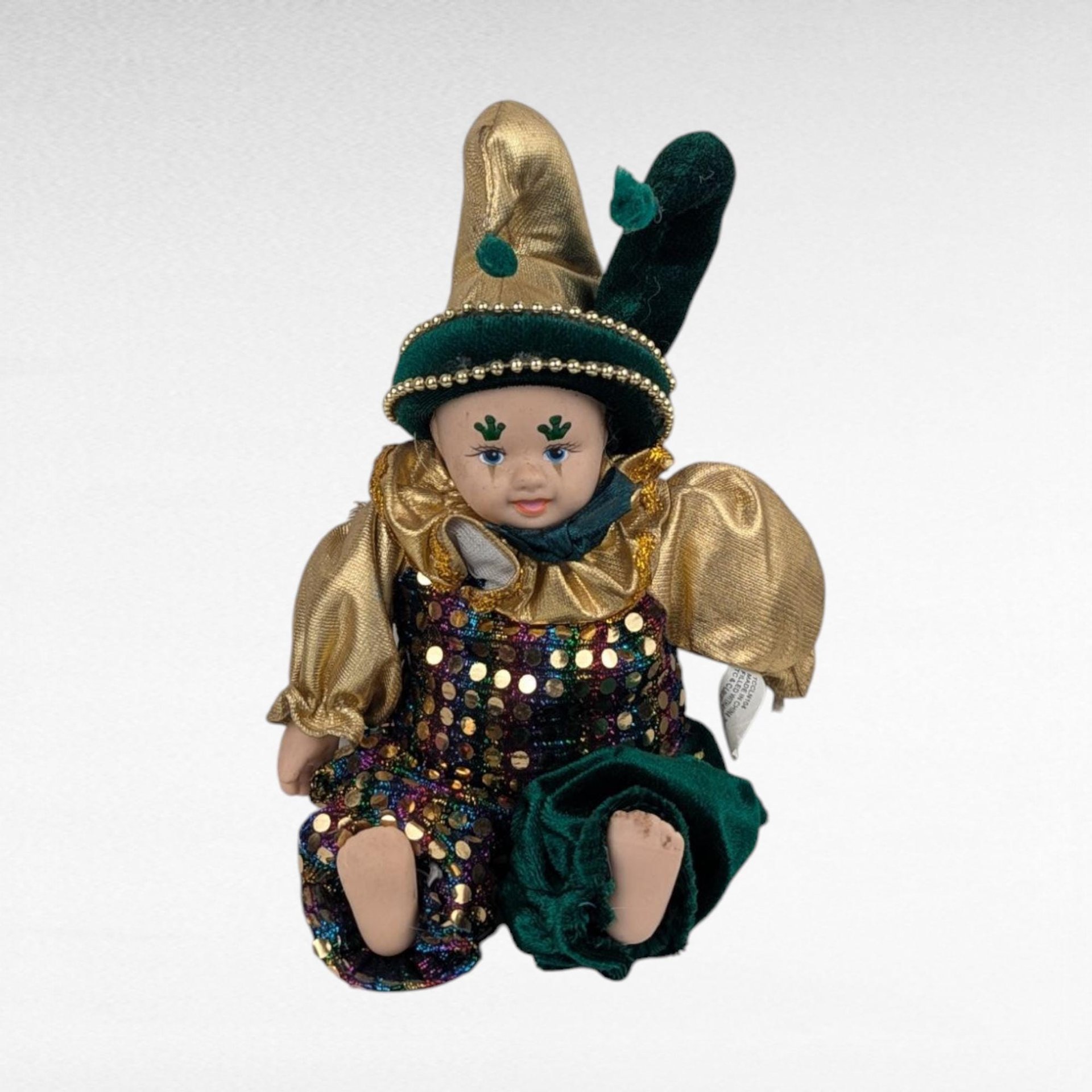 Vintage Little Irish Jester Doll, Porcelain Head Hands Feet, 9.25 Inch Height, Collectible Irish Decor, Whimsical Shelf Display