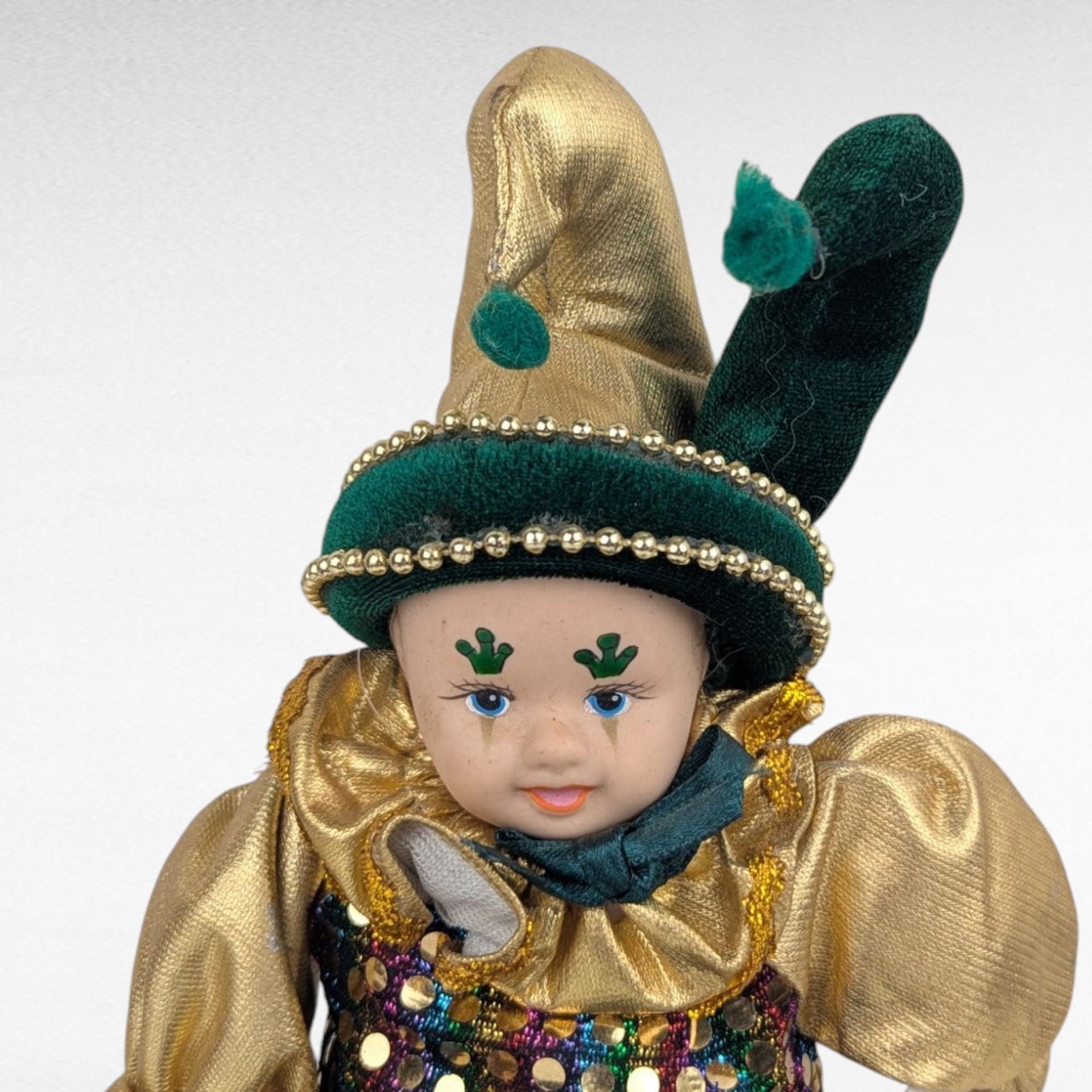 Vintage Little Irish Jester Doll, Porcelain Head Hands Feet, 9.25 Inch Height, Collectible Irish Decor, Whimsical Shelf Display