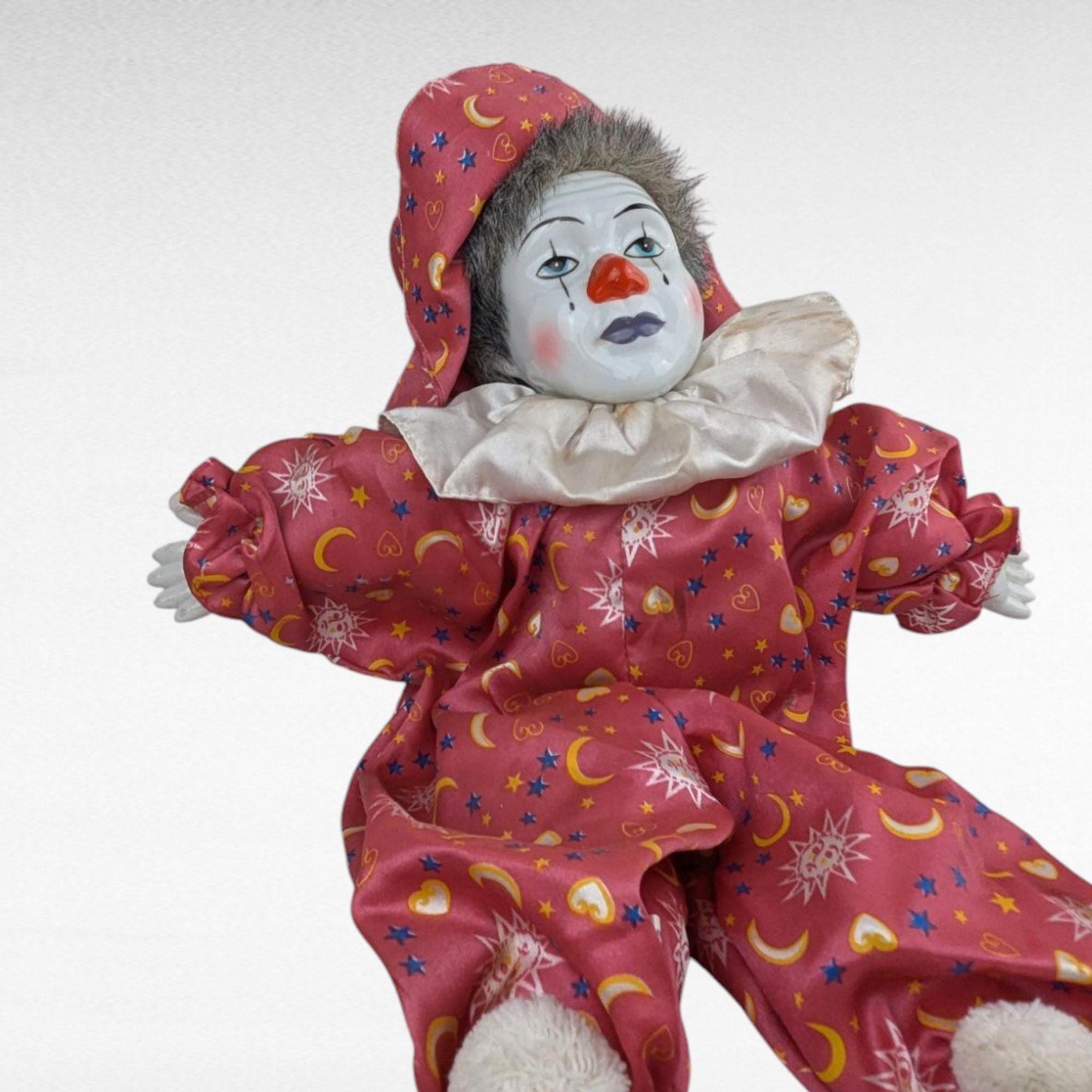 Vintage 18" Porcelain Clown Doll with Moon & Sun Outfit, Hand-Painted Face, Made in China, Decorative Collectible