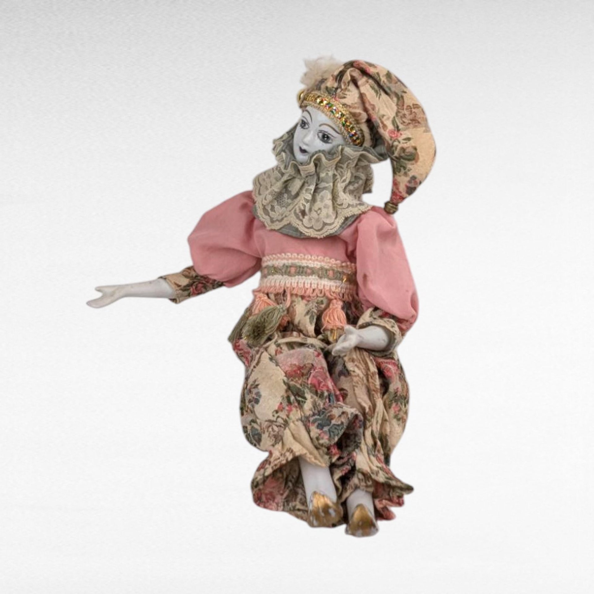 Vintage Harlequin Musical Doll, Porcelain, Floral Costume, 15.5 Inches, Collectible Doll, Working Music Box