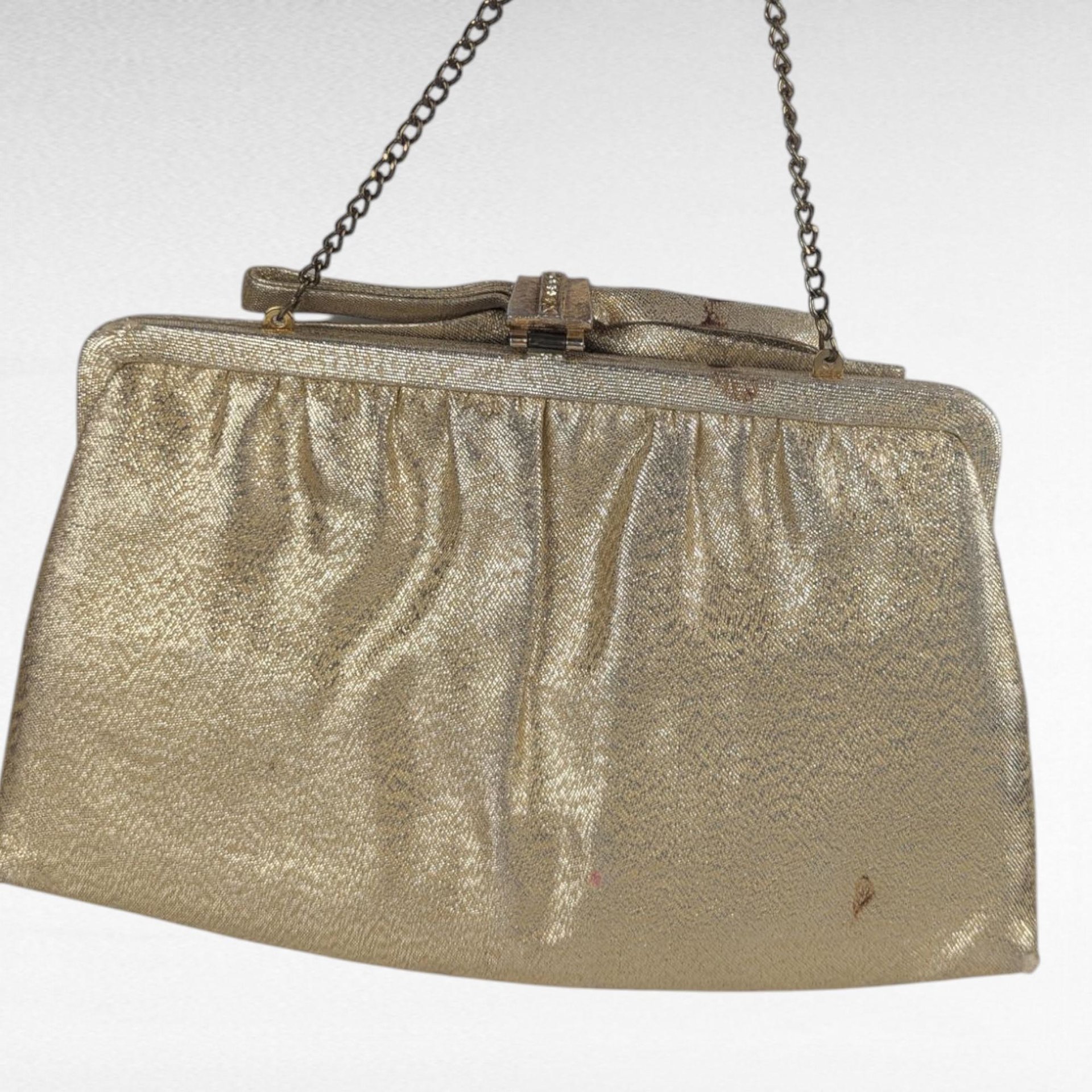 Vintage Gold Handbag, Evening Bag, Clutch Purse, Rhinestone Clasp, Retro Style, Mid-Century Fashion