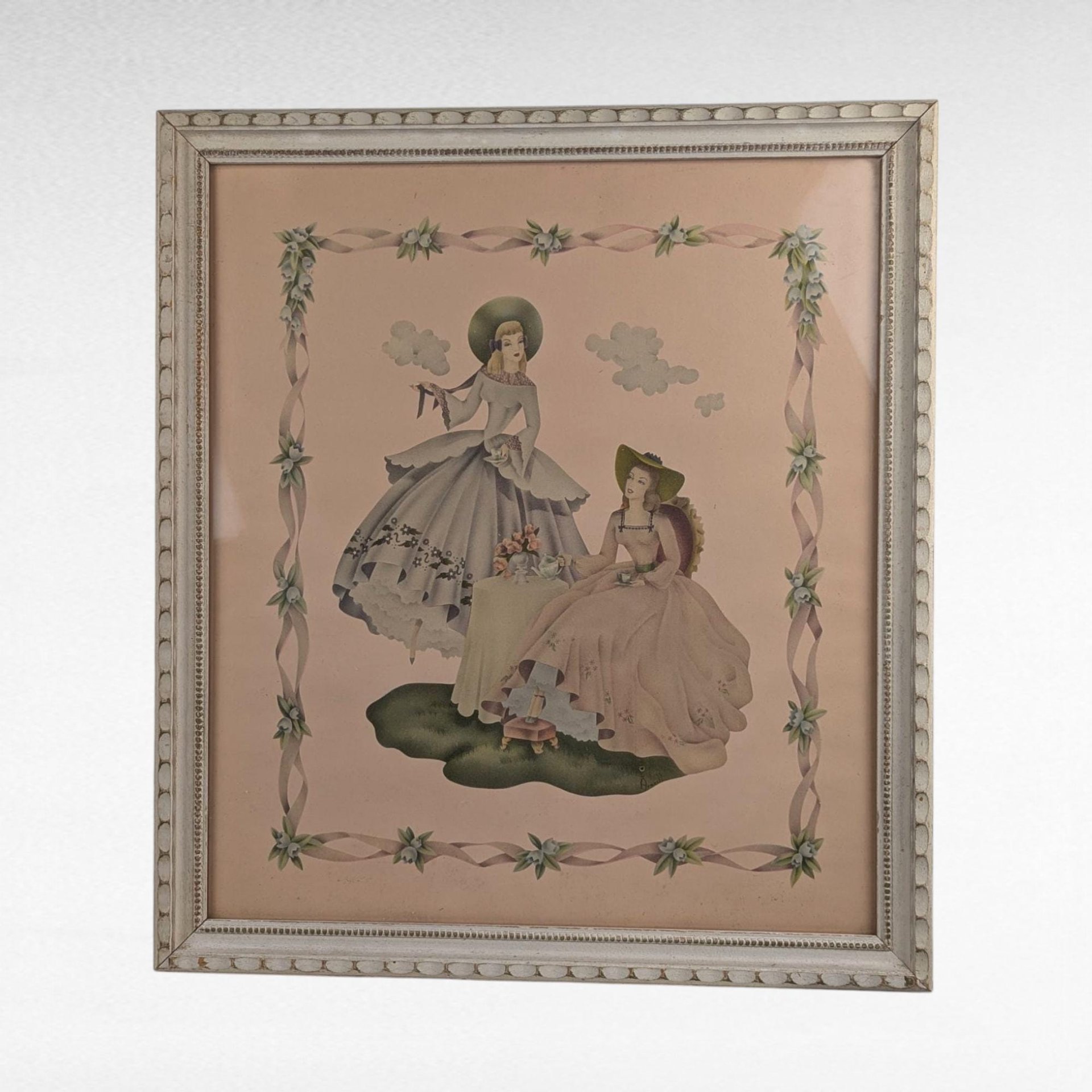 Vintage Framed Print, Southern Belles Art, Ladies in Gowns, Decorative Wall Art, Cream Wooden Frame