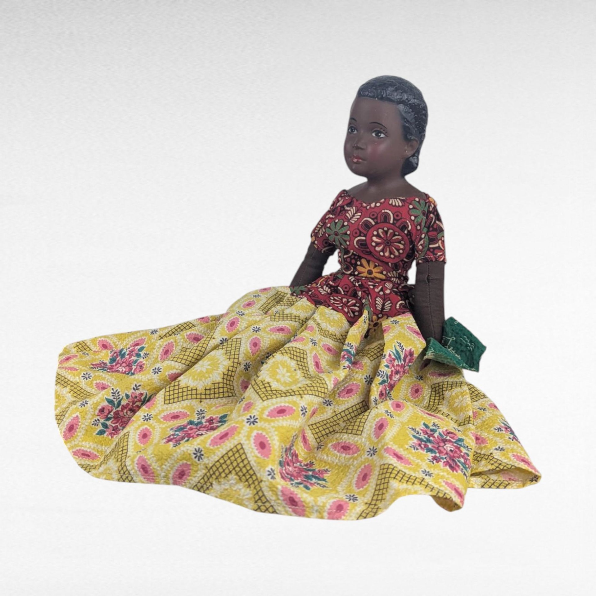 Vintage 14.5" Porcelain Island Doll with Fabric Dress, Hand-Sewn Details, Collectible Ethnic Doll, Gift for Doll Collectors, Display Decor