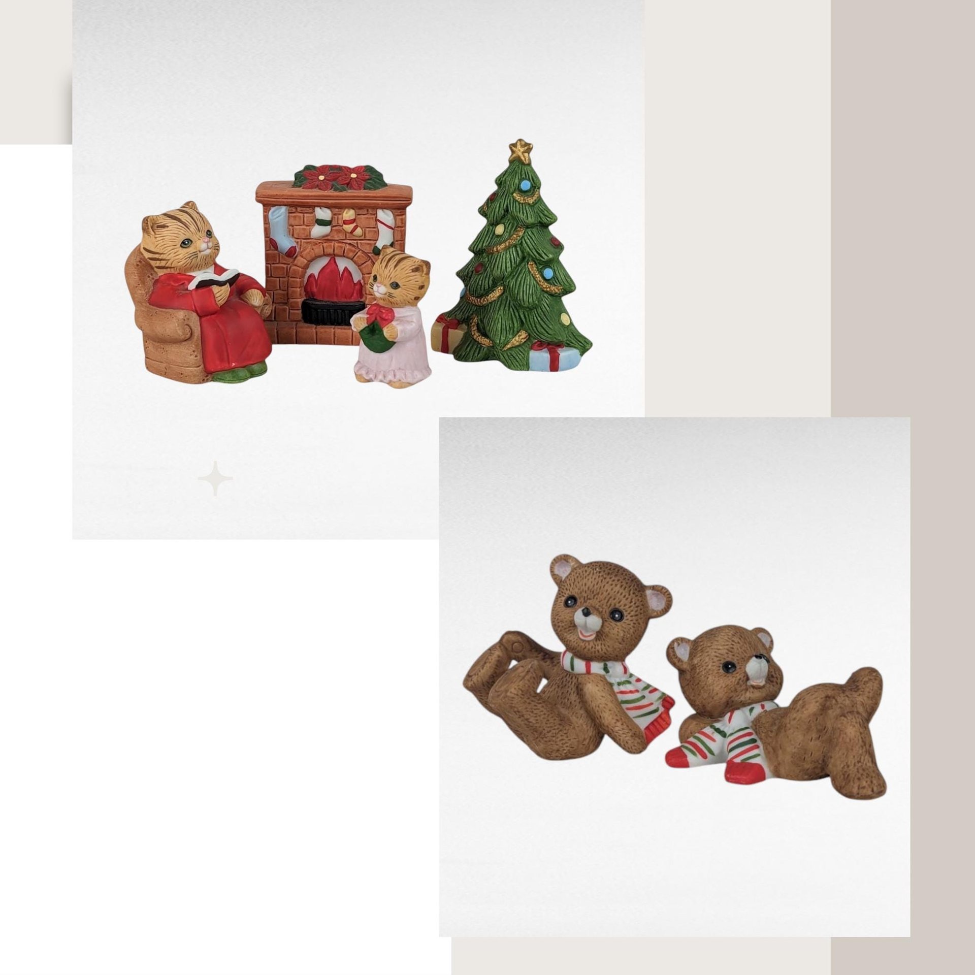Vintage Homco Ceramic Christmas Cat Family & Bear Figurines, Holiday Decor Set, Collectible Christmas Animals