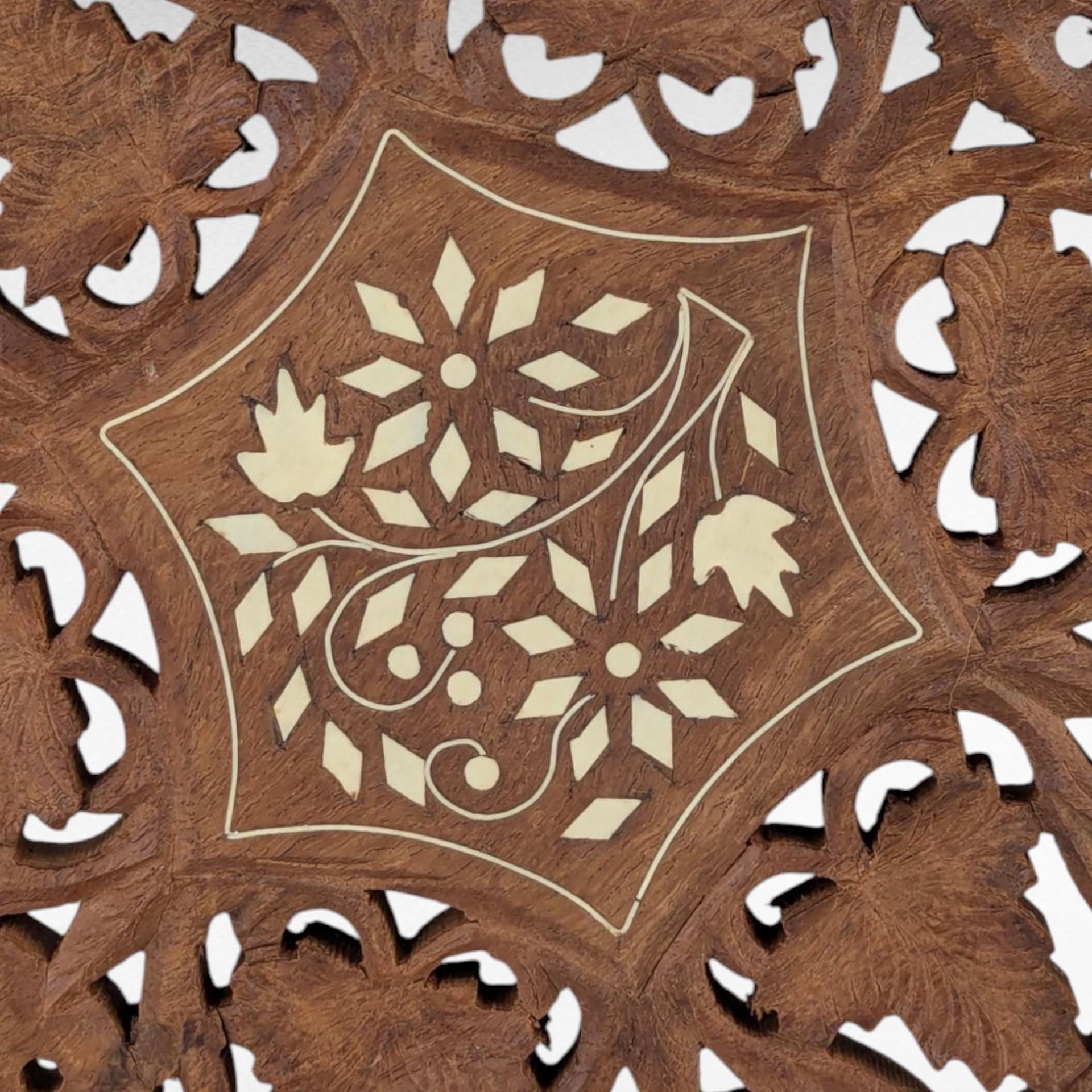Vintage Indian Wooden Trivet, Carved Floral Design, 8 Inch, Handmade Kitchen Decor, Rustic Table Protector
