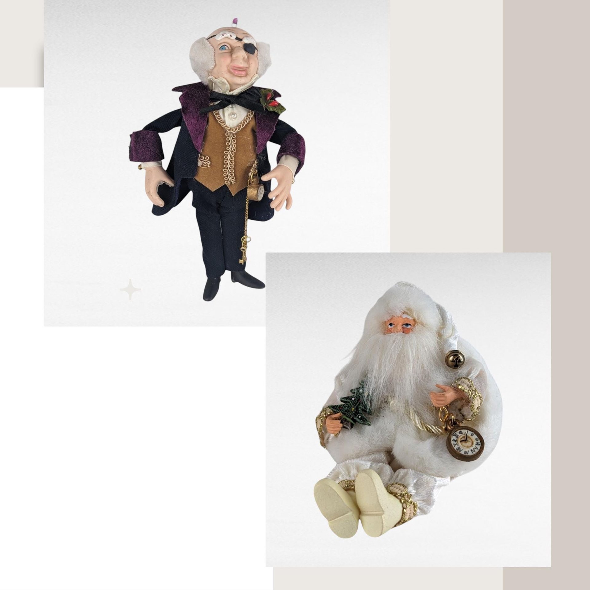 Vintage Christmas Pair: Kurt Adler Eye Patch Guy Ornament & Sitting Santa Clock Figurine - Unique Holiday Decor