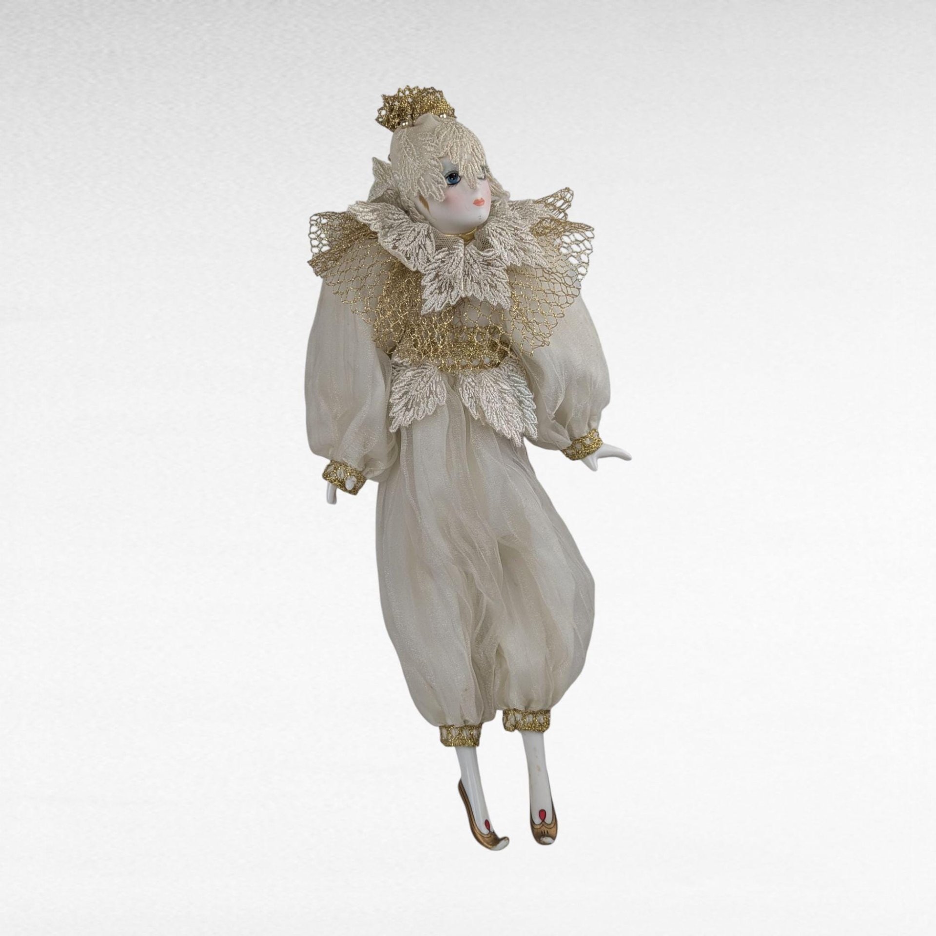 Vintage Cream and Gold Harlequin Doll, Porcelain Head and Limbs, 14 Inch Collectible Doll, Unique Gift for Doll Collectors