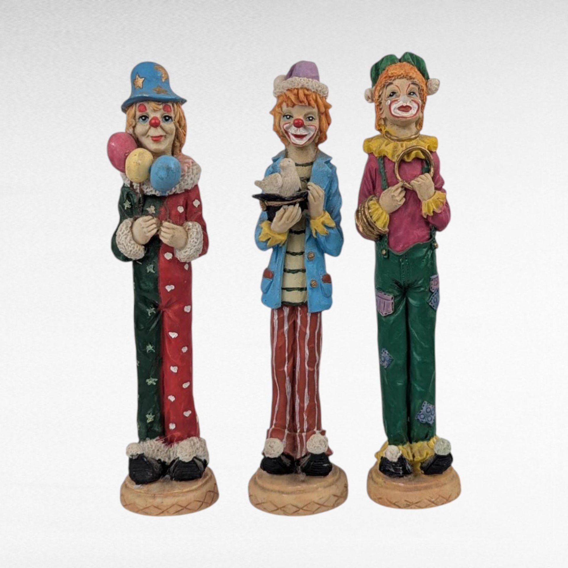 Vintage Resin Clown Figurines, Set of 3, 5.75 Inch Height, Whimsical Clown Decor, Collectible Clown Statues, Gift for Clown Enthusiasts