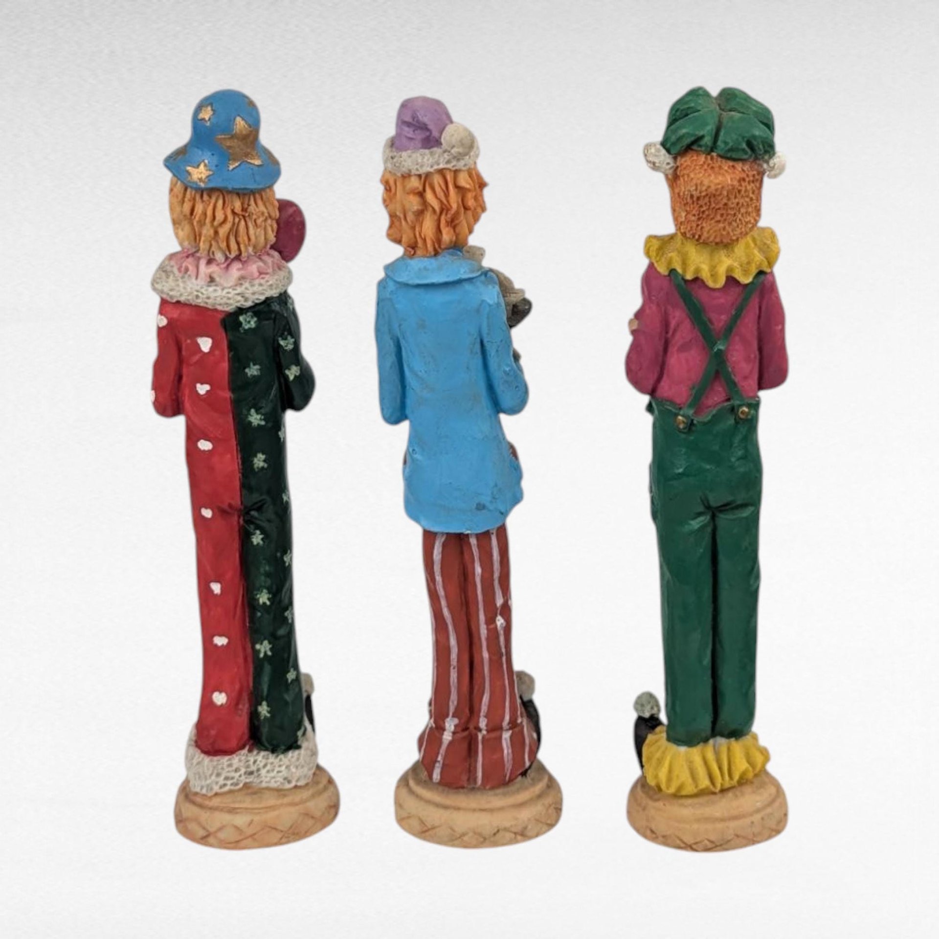 Vintage Resin Clown Figurines, Set of 3, 5.75 Inch Height, Whimsical Clown Decor, Collectible Clown Statues, Gift for Clown Enthusiasts