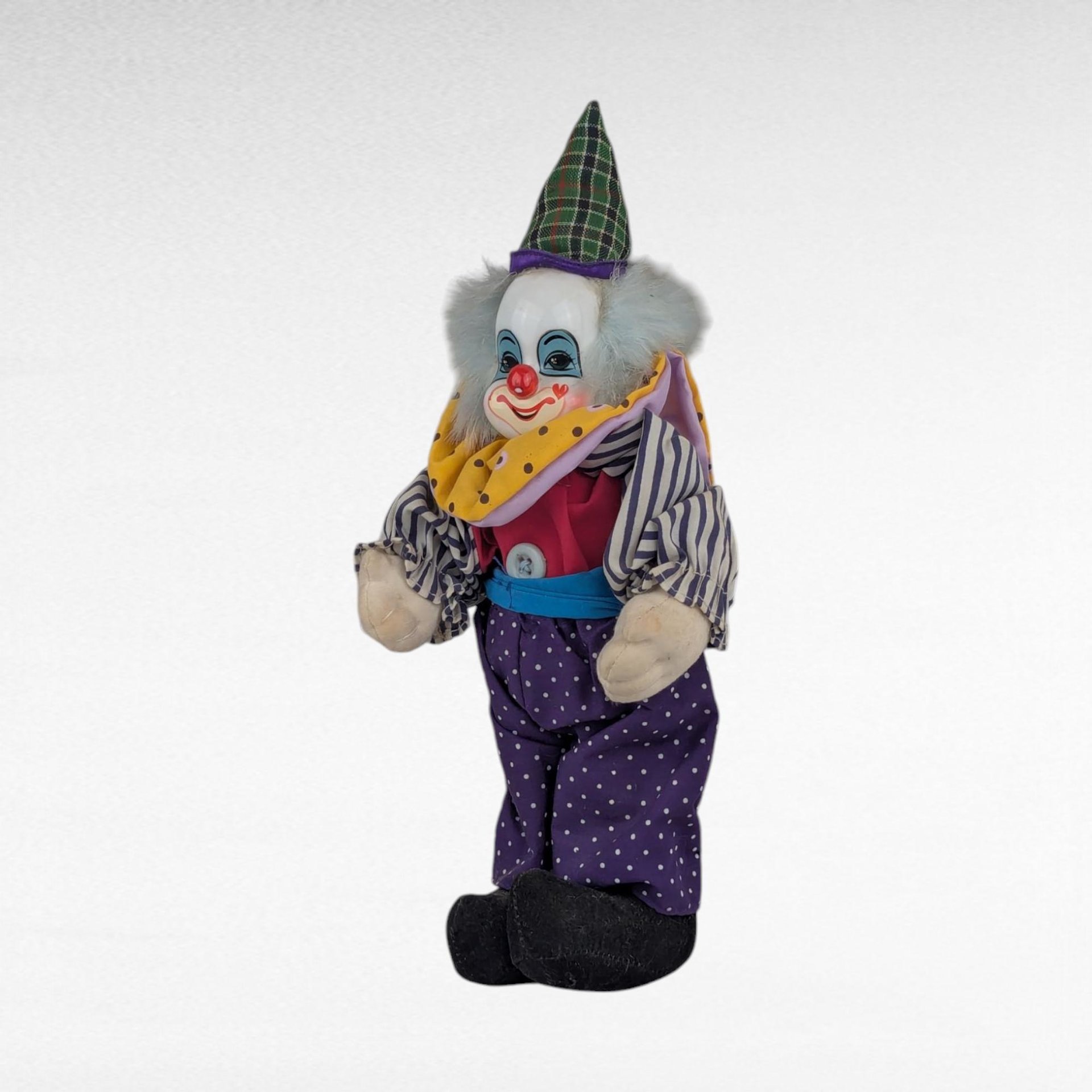 Vintage Polka Dot Stripes Clown Doll, Thailand, Porcelain Head, 10.5 Inch Height, Collectible Clown Decor, Whimsical Gift
