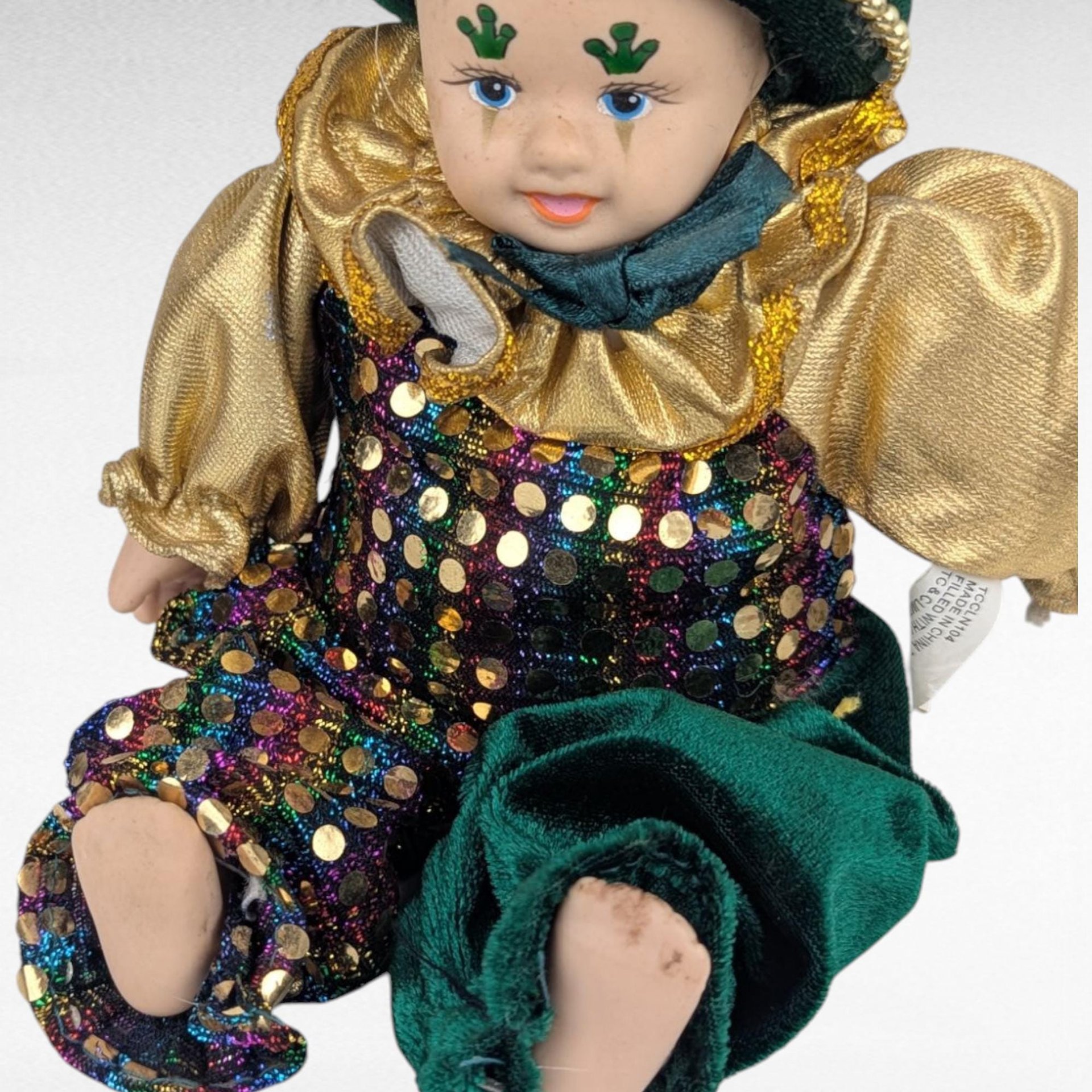 Vintage Little Irish Jester Doll, Porcelain Head Hands Feet, 9.25 Inch Height, Collectible Irish Decor, Whimsical Shelf Display