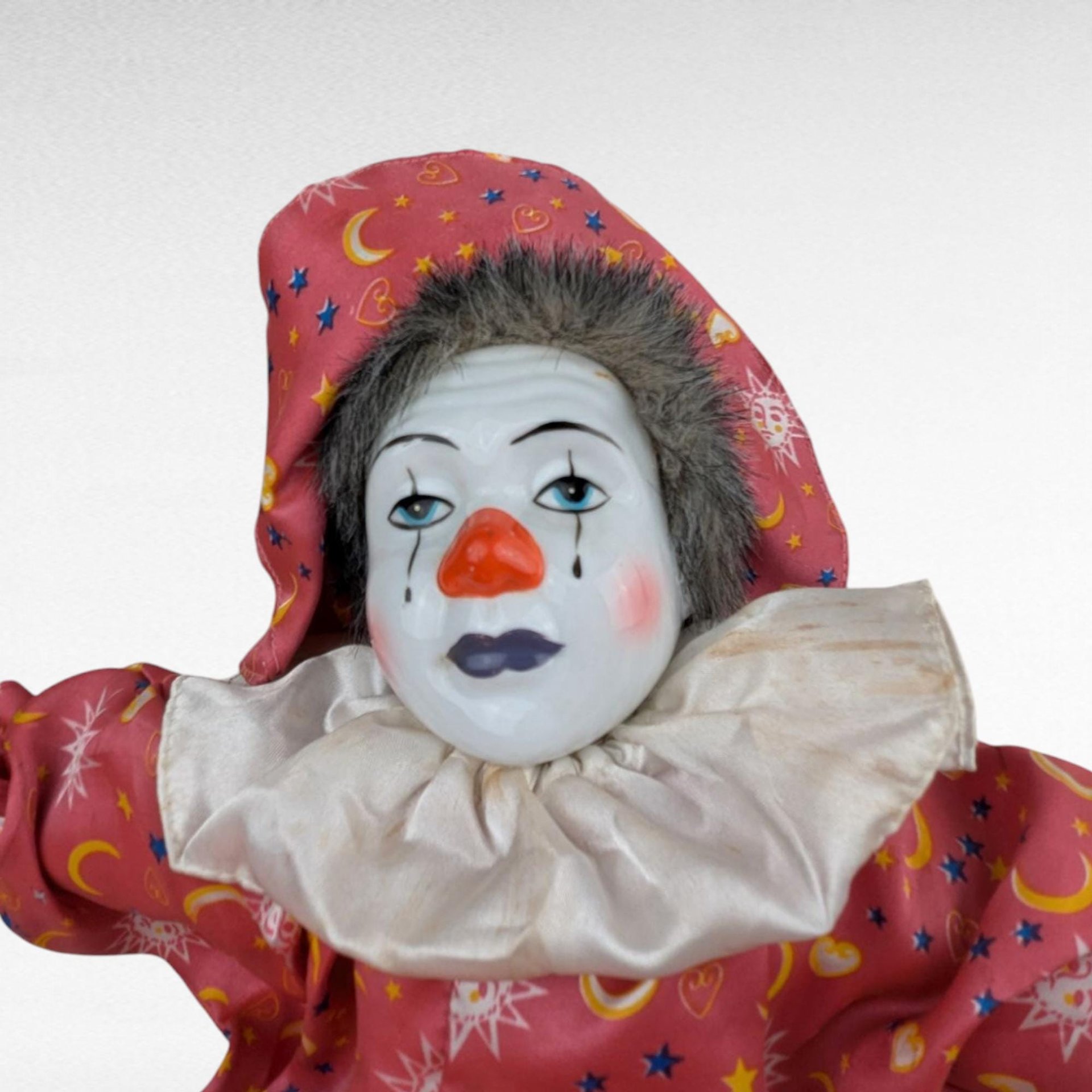 Vintage 18" Porcelain Clown Doll with Moon & Sun Outfit, Hand-Painted Face, Made in China, Decorative Collectible