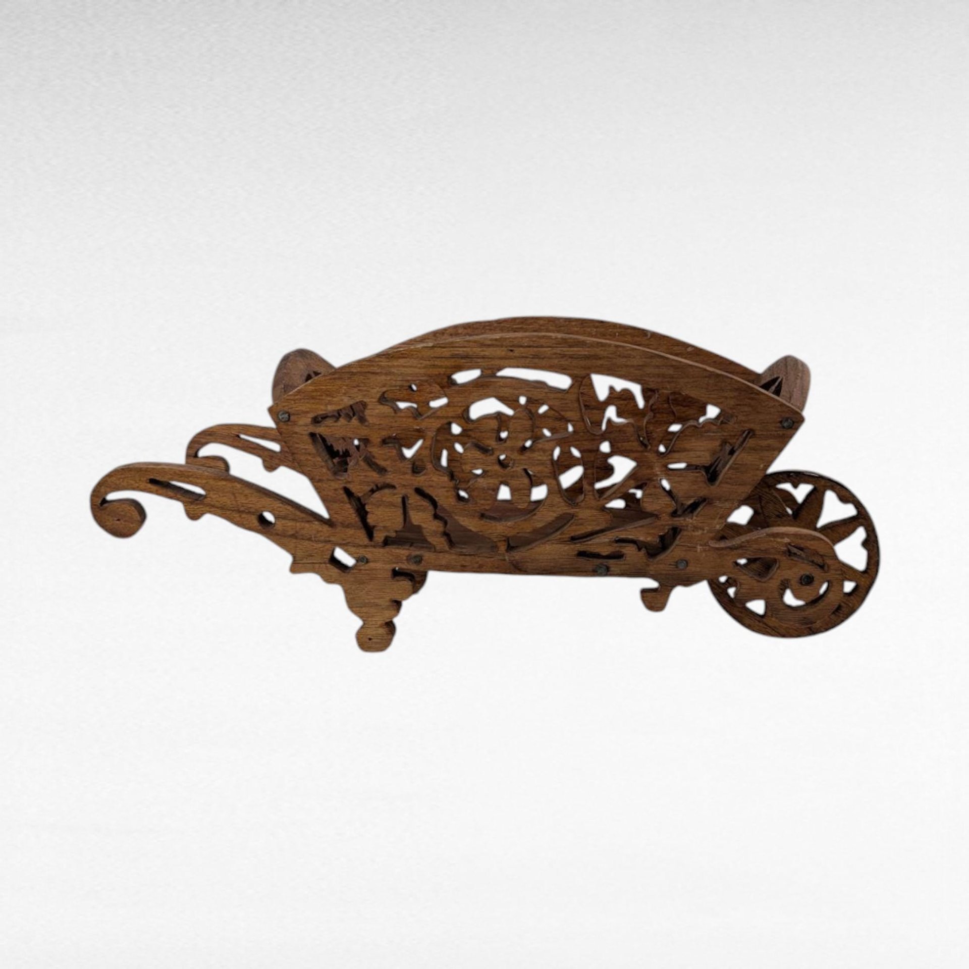Handmade Wooden Wheelbarrow Figure, Vintage Carved Wood Decor, Rustic Farmhouse Accent, Unique Gift